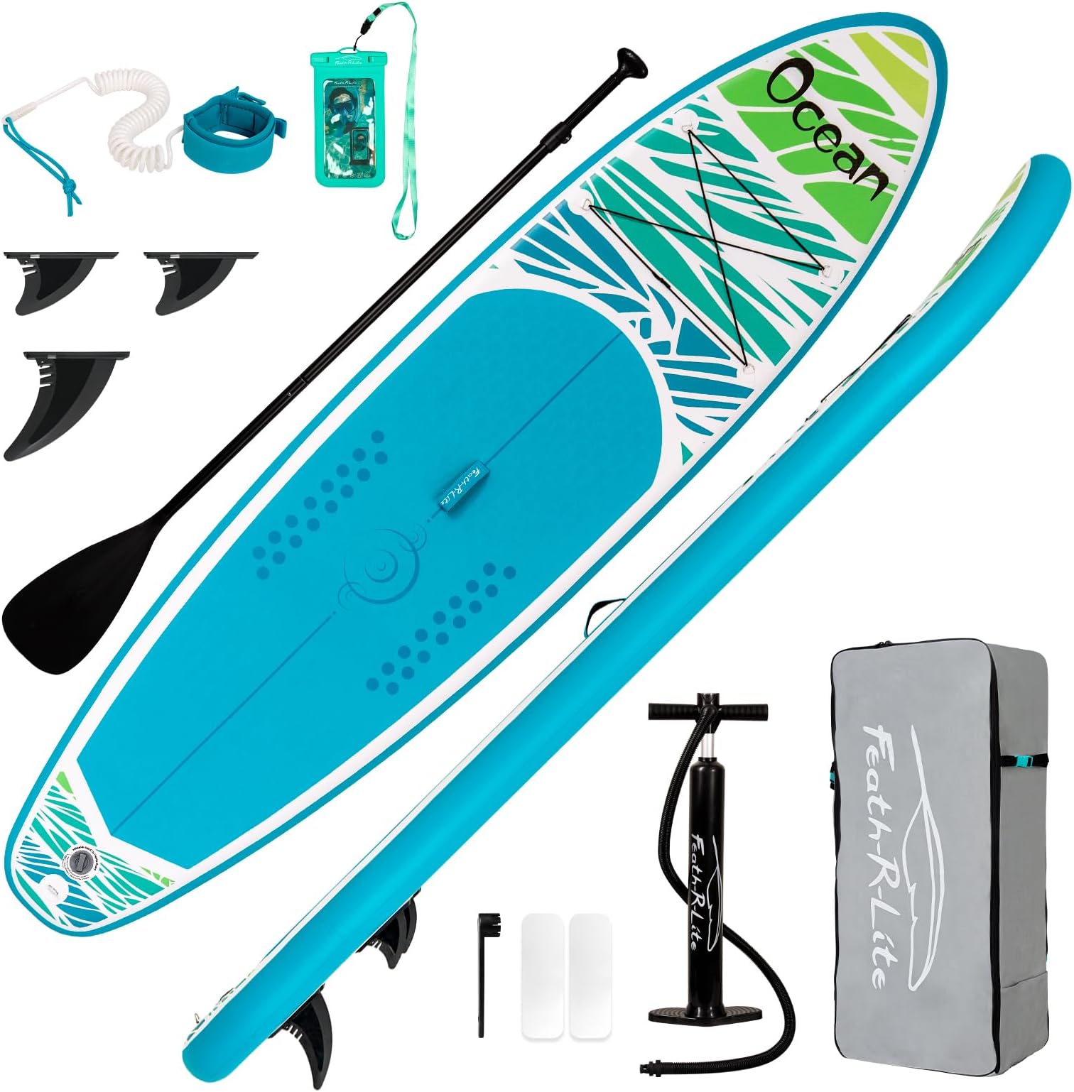 FEATH-R-LITE Inflatable Stand Up Paddle Board Ultra-Light SUP with Accessories Adj Paddle, ISUP Backpack, Pump, Phone Bag, Leash, Non-Slip Deck pad Youth & Adult