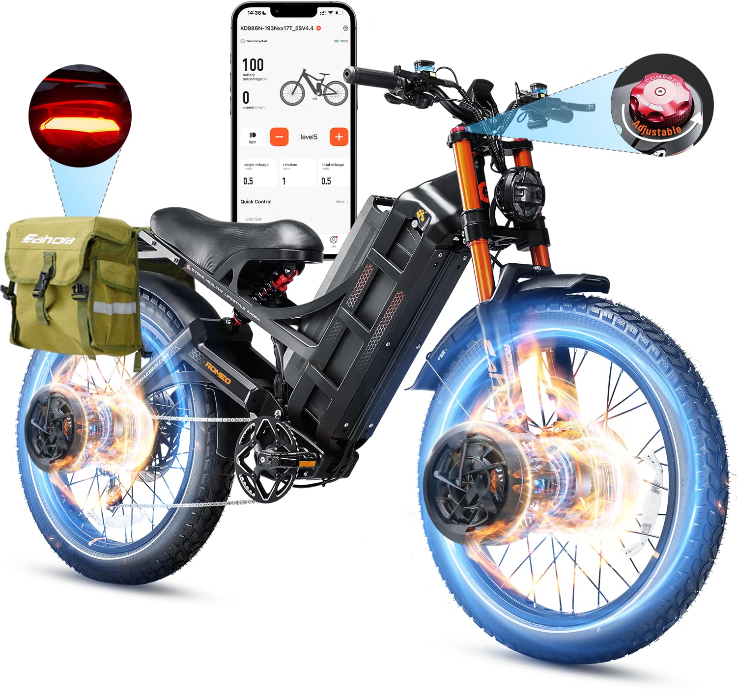 eAhora 2025 Romeo Pro 3-5600W 50MPH Dual Motor Electric Bike for Adults, 60V 80Ah Battery 200+ Miles Long Range Electric Bike with BMS Tech, 7-Speed Gear System, Pedal Assist, UL2849-10
