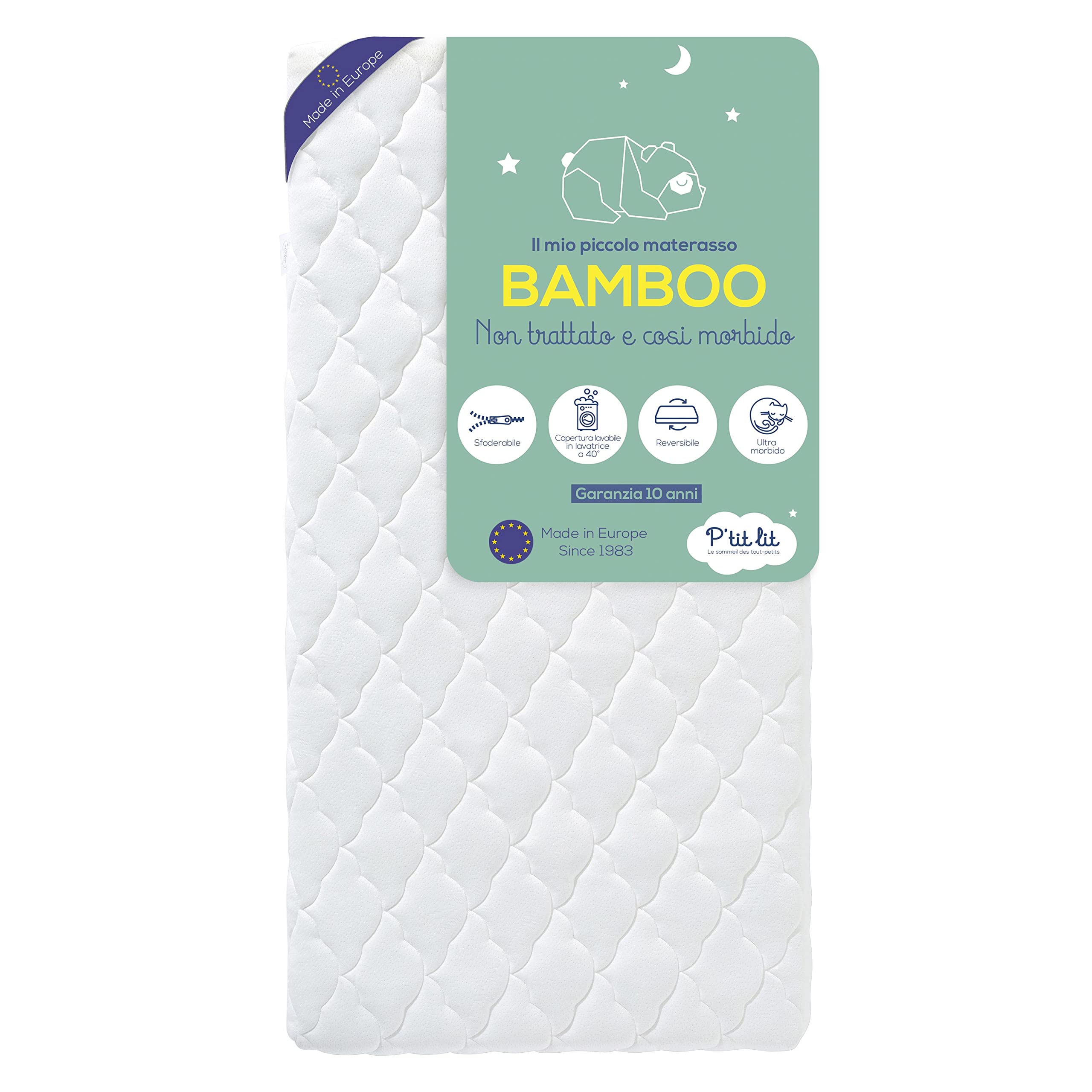 P'tit Lit - Materasso bambino in bambù - 70x140 cm - Viscosa soffice e assorbente - Senza trattamento chimico - Sfoderabile - OekoTex® - Fabbricazione europea