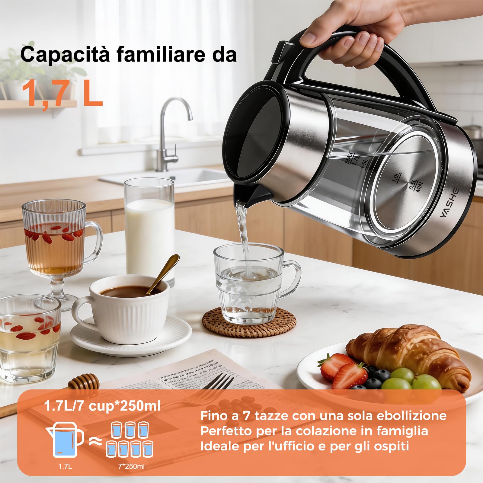 YASHE Bollitore Elettrico in Vetro con Controllo Temperatura, 1,7L Bollitura Rapida 2200W, Display LED a 5 Colori, 30 Min Mantenimento in Caldo, Filtro Anticalcare