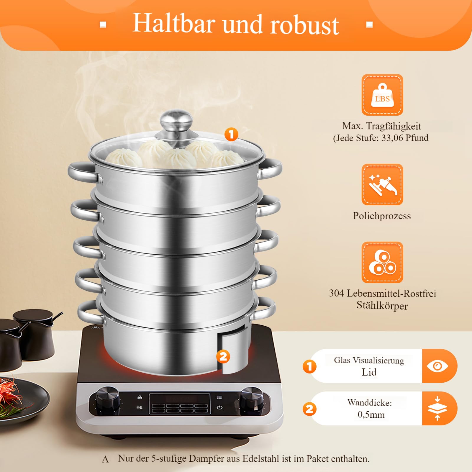 5-lagiger Dampfgarer 30cm - Edelstahl-Set Für Alle Herdarten