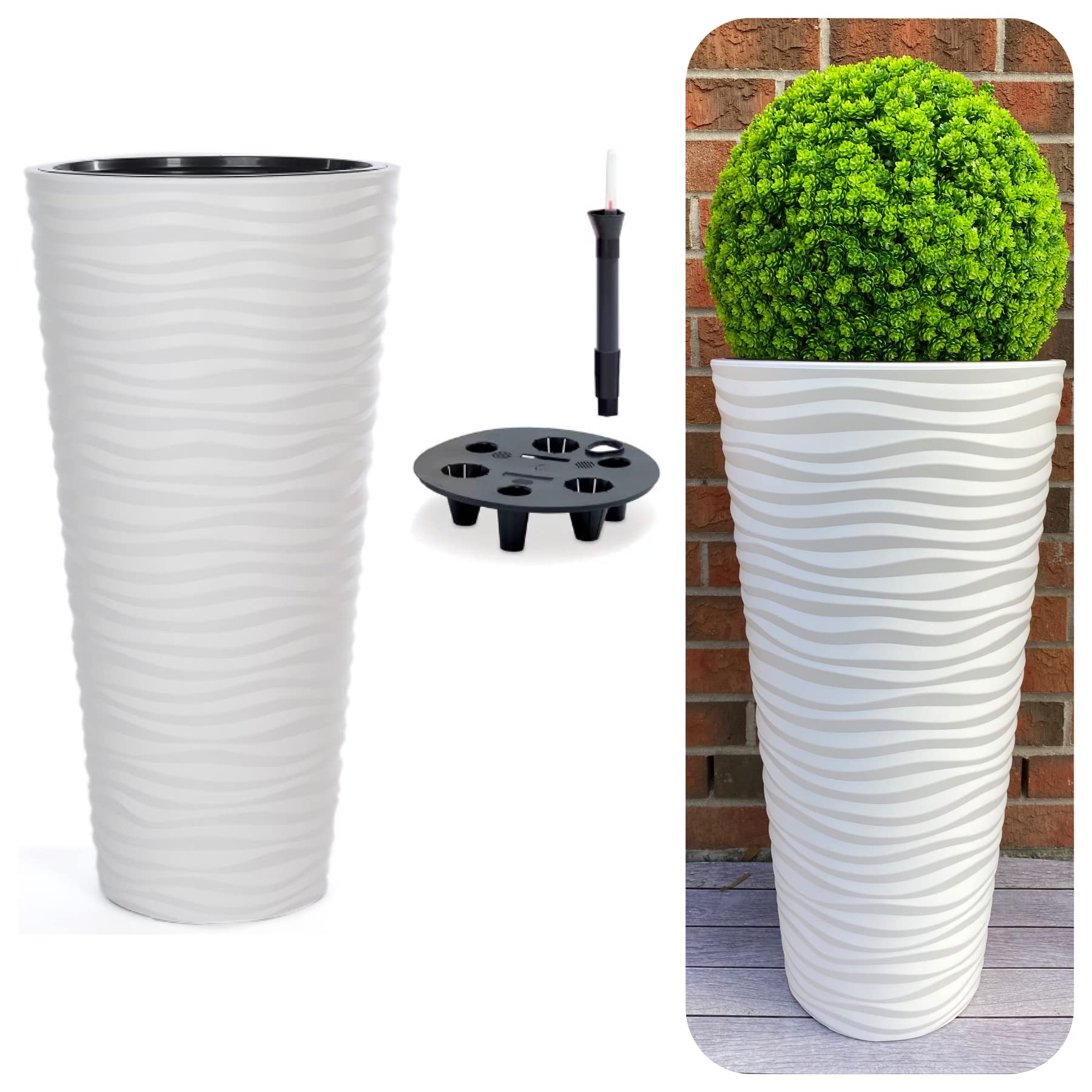 MELTOM Pot de fleurs avec système d'irrigation, effet 3D, vagues, rond, slim, couleur : blanc, diamètre x H : 40 x 79 cm, haut