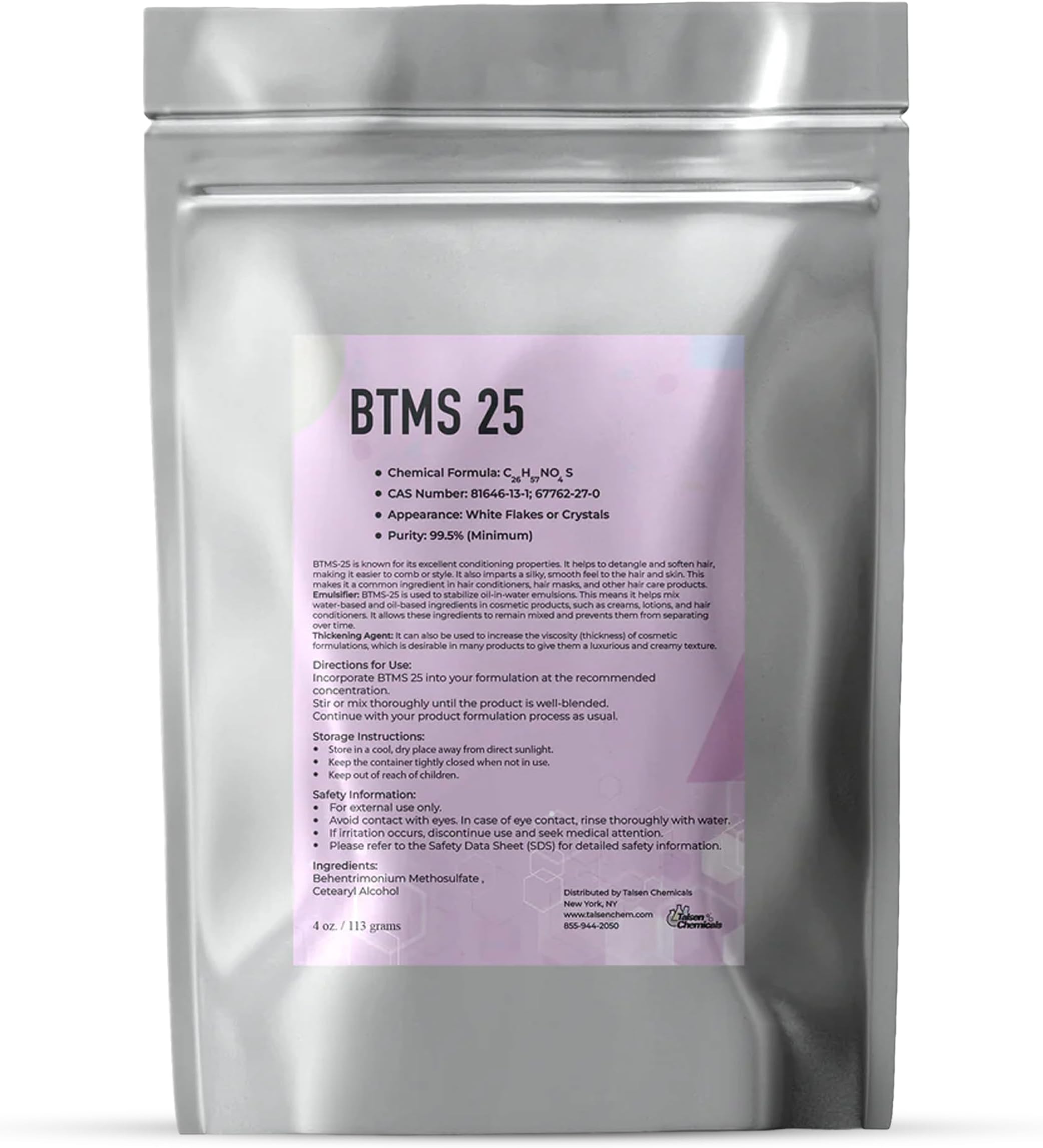 BTMS 25 Conditioning Emulsifier (4 Oz / 113 Grams) BTMS 25% Behentrimonium Methosulfate Cetearyl Alcohol Emulsifying Conditioner to Emulsify Lotions and Body Scrubs by Talsen Chemicals