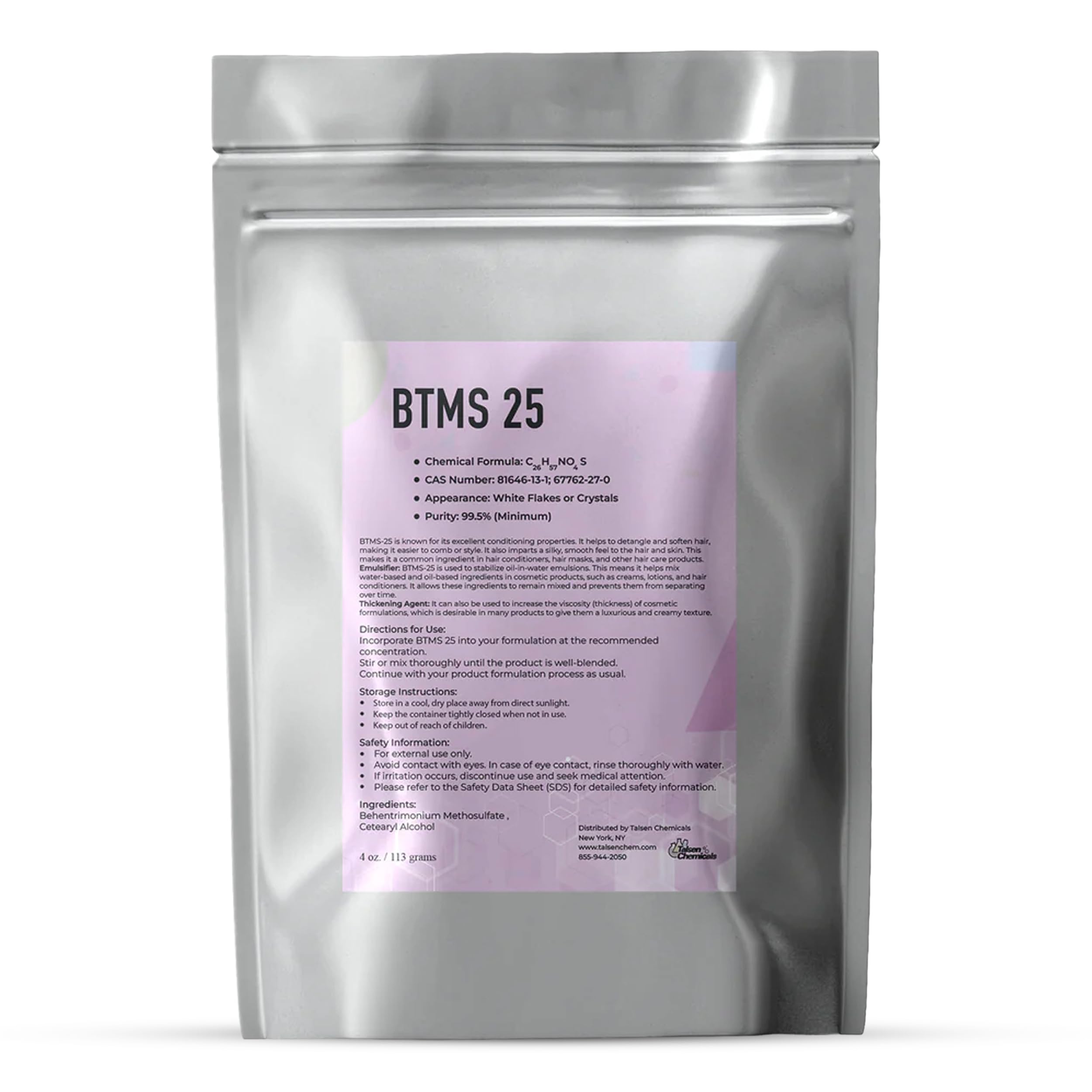 BTMS 25 Conditioning Emulsifier (4 Oz / 113 Grams) BTMS 25% Behentrimonium Methosulfate Cetearyl Alcohol Emulsifying Conditioner to Emulsify Lotions and Body Scrubs by Talsen Chemicals