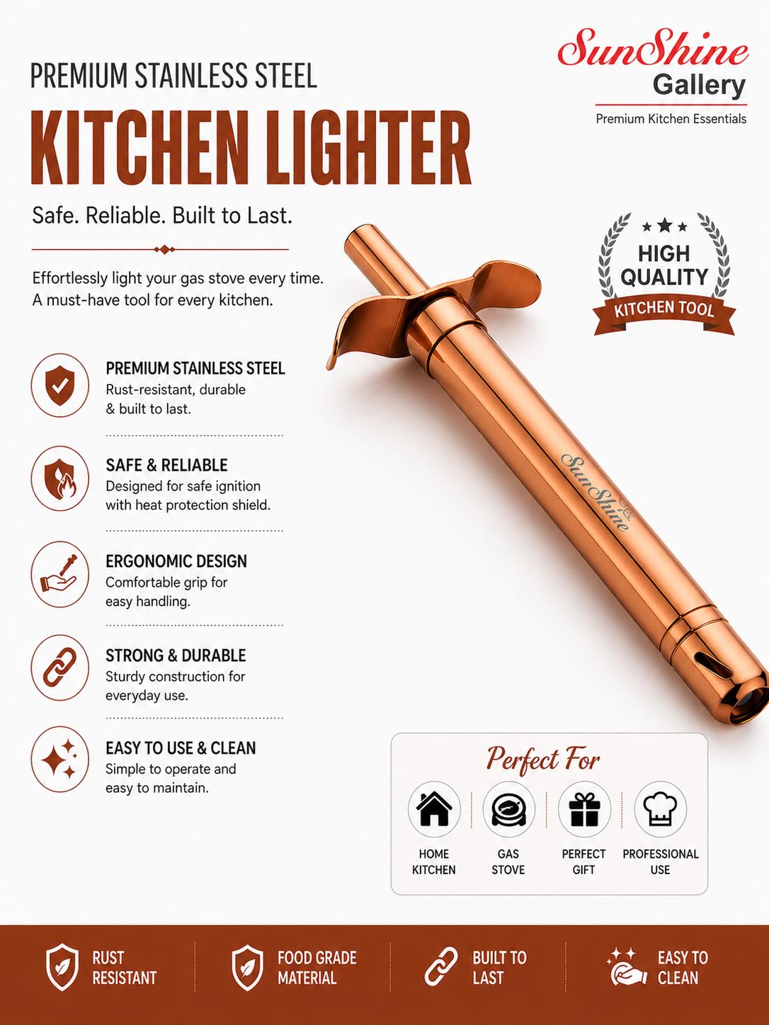 Spark Gas Lighter for Kitchen Use Restaurants Metal Gas Stove Lighter Regular Size Easy Grip Long Lasting, Rust Proof (Rose Gold, Pack of 1) — Amazon image 4