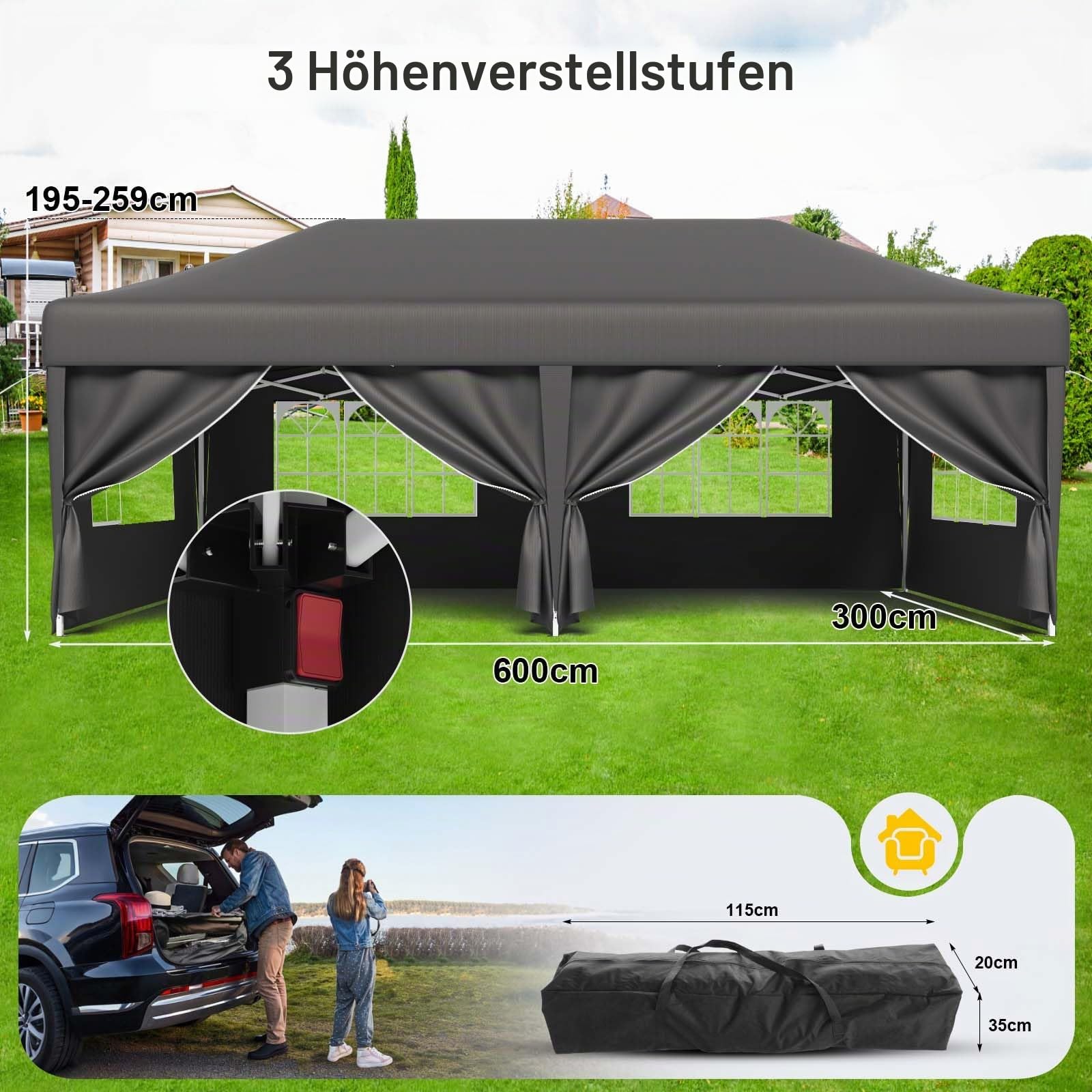 TRIUMPHKEY Pavillon 3x6 UV-Schutz 50+, Faltpavillon 3x6 Wasserdicht Stabil mit 6 Seitenwänden, Partyzelt mit Tragetasche, Höhenverstellbarer Gartenpavillon Für den Außeneinsatz Geeignet, Grau