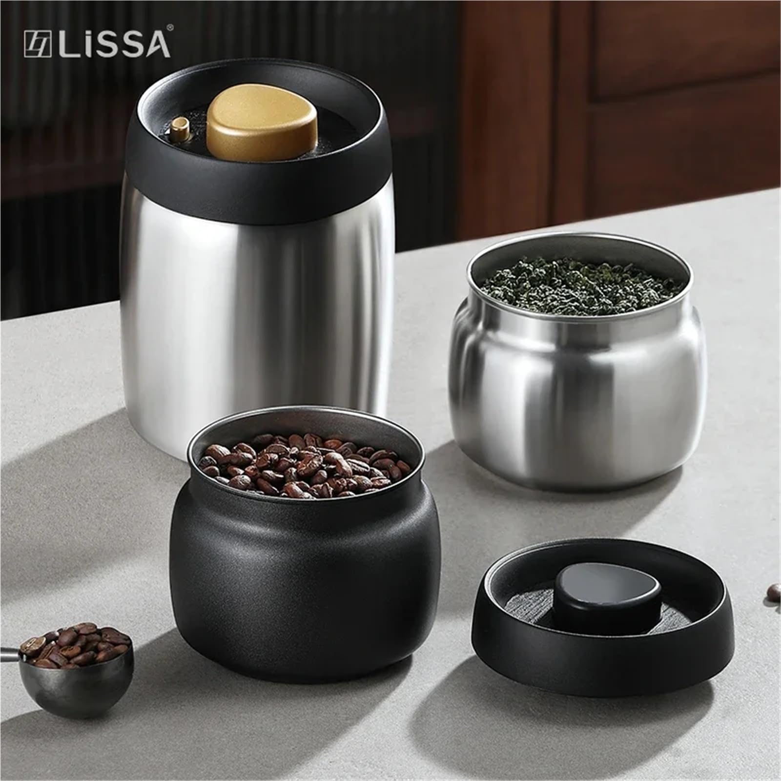 Caja De Te Recipiente hermético de Acero Inoxidable for té, Resistente a la Humedad, for el hogar, Prensa al vacío, for Granos de café (Black1200ml)