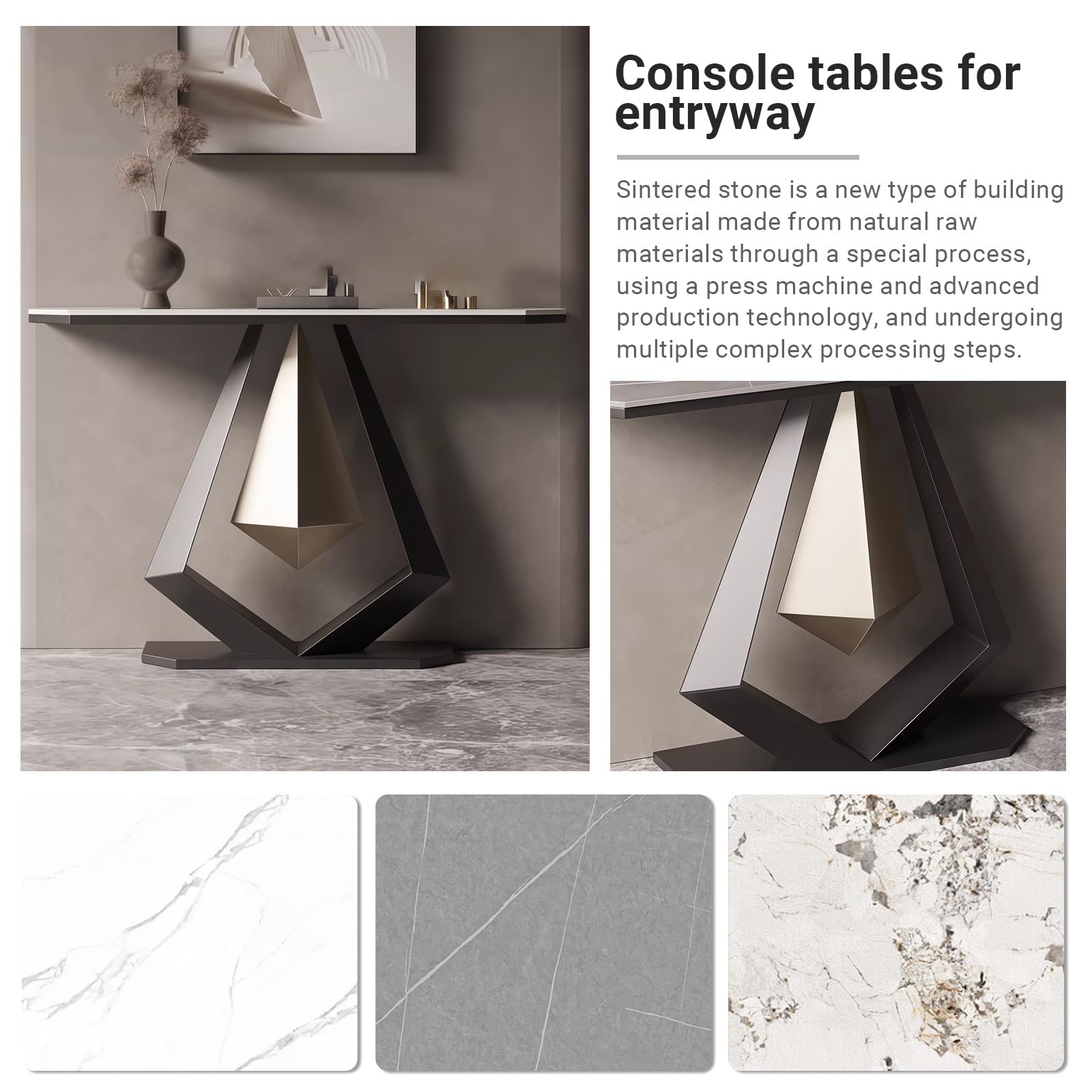 Mesas consola para recibidor con panel de piedra y estructura metálica, mesa consola estrecha con tablero de piedra decorativa, ideal para sala de estar, vestíbulo, dormitorio o pasillo (negro + bla