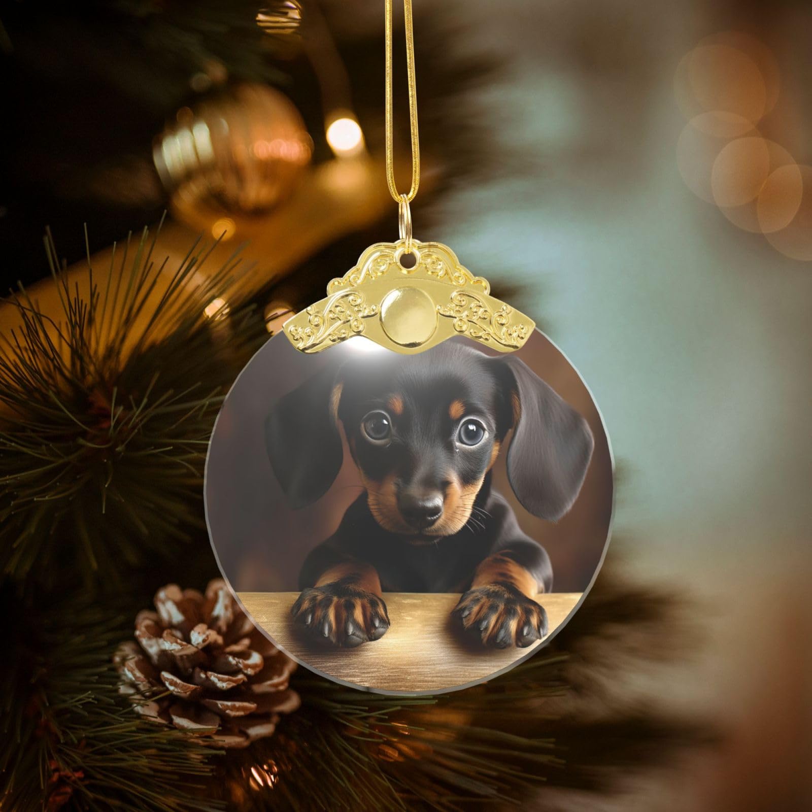 Crystal Christmas Ornaments for Christmas Tree Decoration Hanging Dog Dachshund Ornament with Gold Ribbon Crafts Round Pendant for Keepsake Gifts Glass Xmas Decor Party Supplies