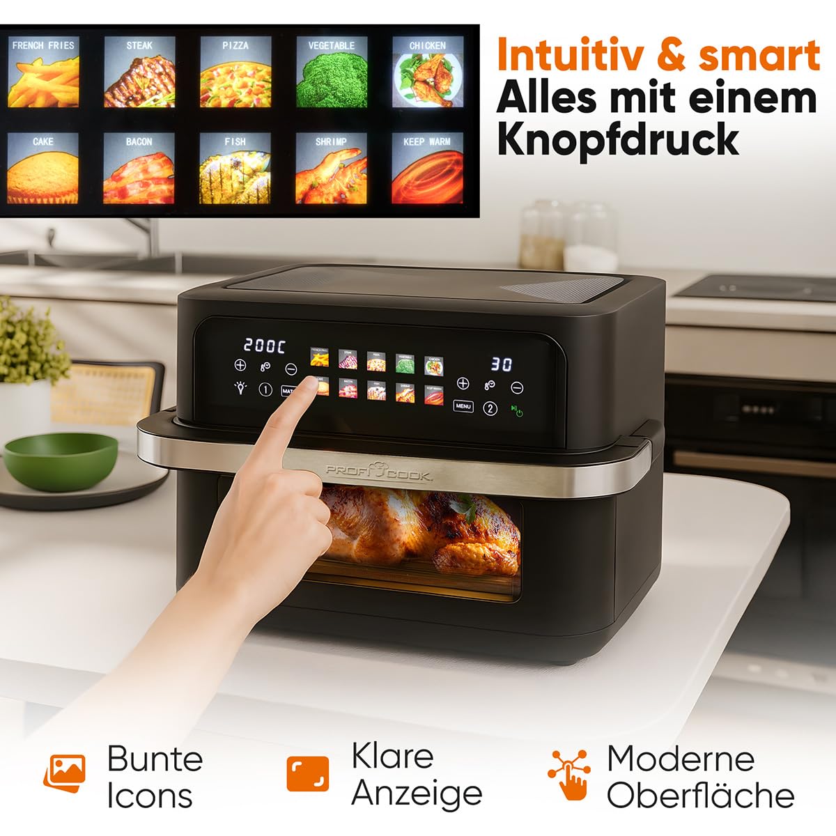 ProfiCook® XXL Heißluftfritteuse | 10L | Öl und Fettfrei | buntes Touch-Display | 2400W Airfryer | Heißluftfritteuse 2 Kammern | 10 Programme | 80-200°C | Heissluftfritteuse | PC FR 1313 H