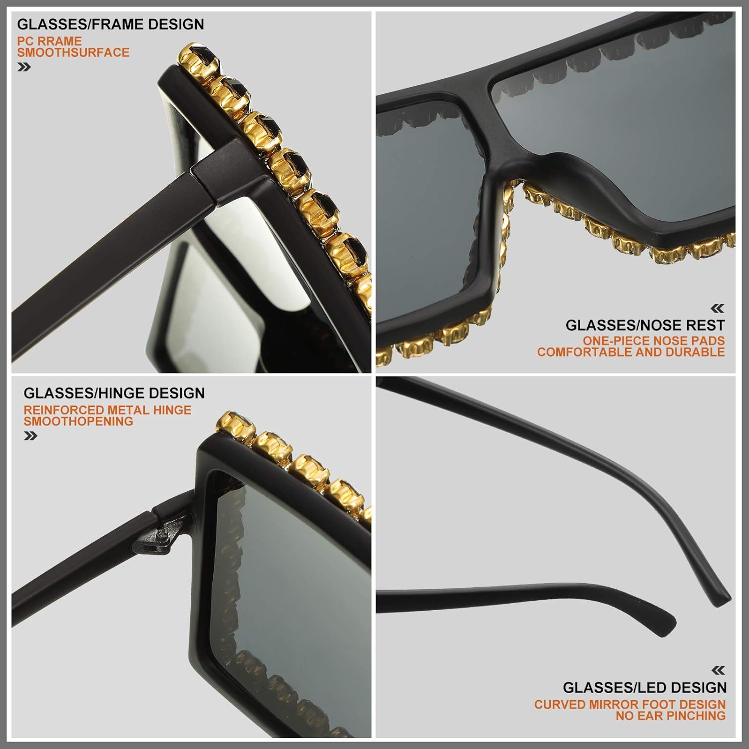 Weewooday 2 Pairs Oversized Square Crystal Sunglasses Flat Top Sunglasses Retro Thick Frame Bling Glasses for Women Men - Image 4