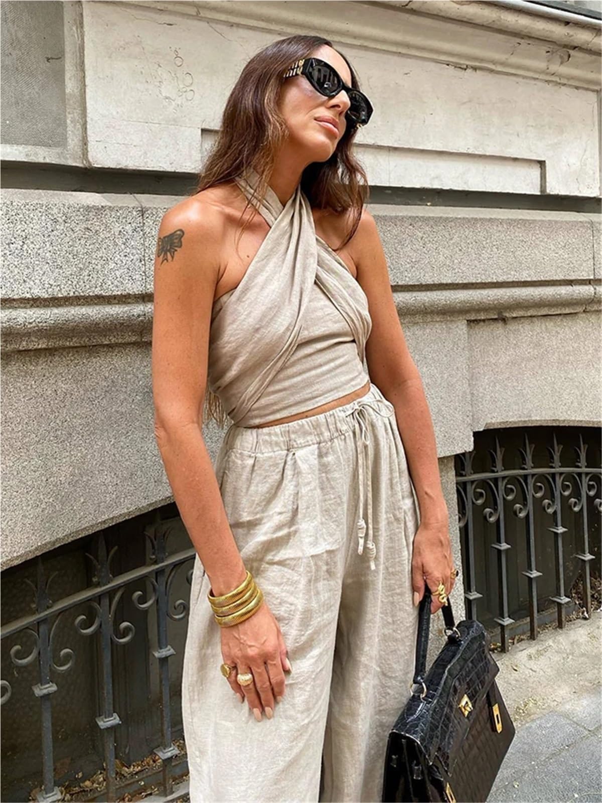 Top aderente lacci incrociati Set di pantaloni lino da donna morbidi | Set estivo a due pezzi Streetwear Abiti chic femminili sexy