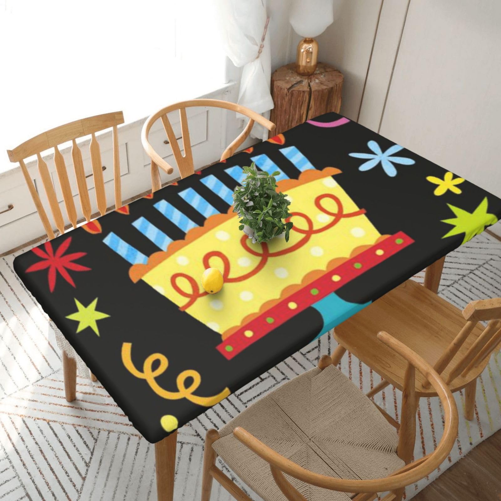 BNVSADC Happy Birthday Big Cake Printed 5FT Tablecloth Polyester Kitchen Water Resistant Table Cloth Dining Table Decoration Table Covers, 152x76 CM