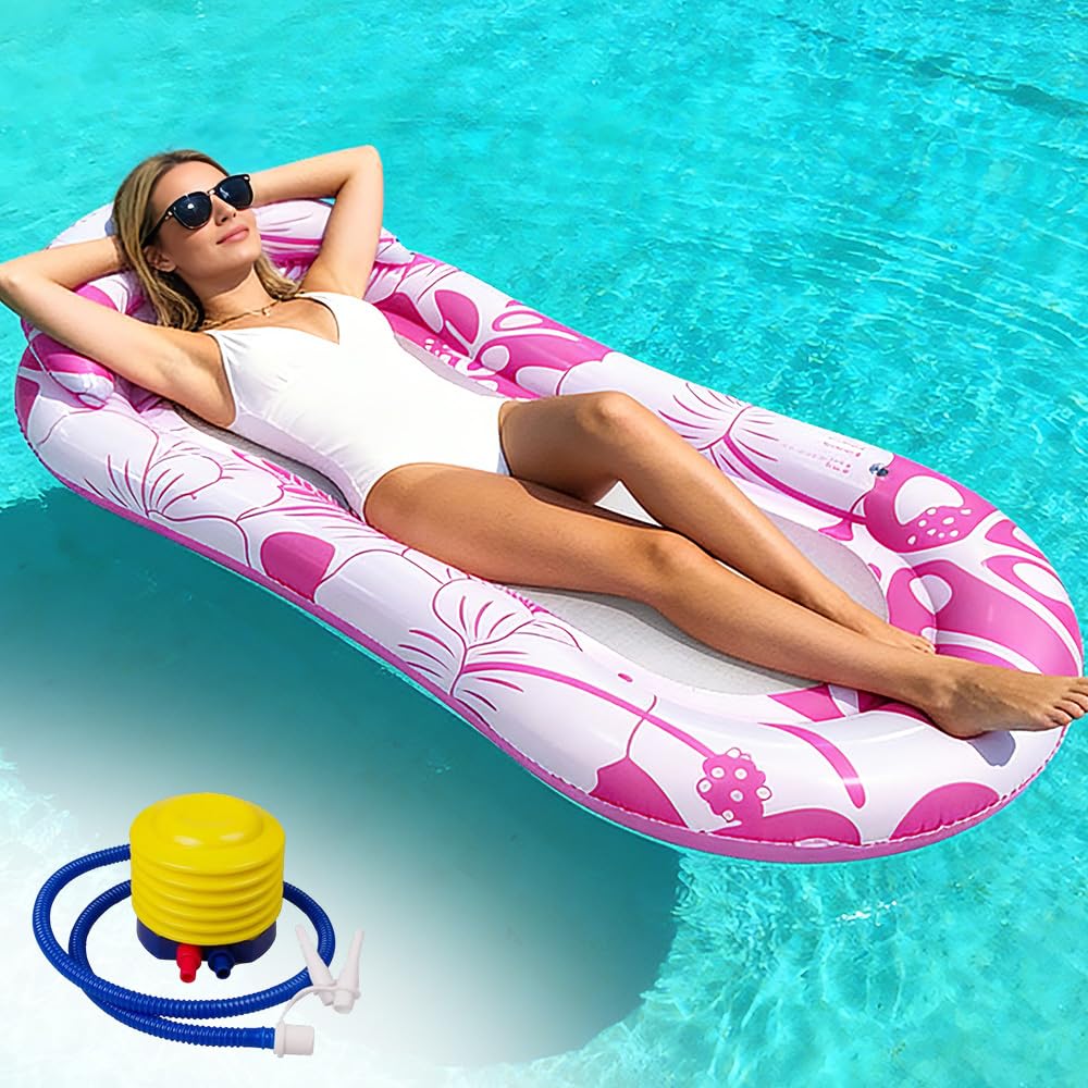 Inflatable Pool Floats Lounger, 78 x 150cm Relax Swimming Pool Lounger with Headrest, Floating Mat Raft Floaty, Breathable Mesh Design, for Summer Pool, Tanning, Beach, Lake and Parties