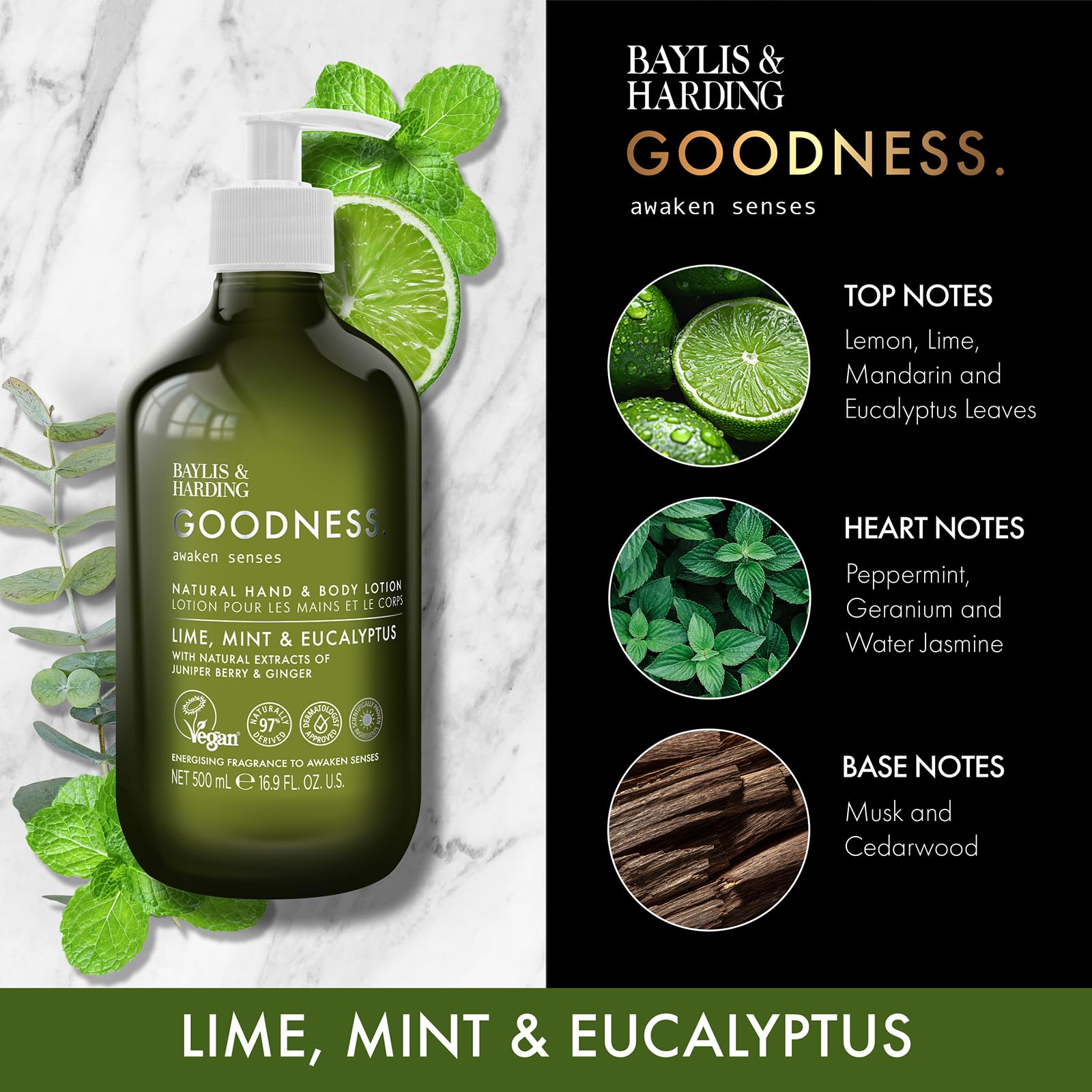 Baylis & Harding Goodness Awaken Lime, Mint & Eucalyptus Hand & Body Lotion, 500 ml (Pack of 3) - Vegan Friendly - Image 4