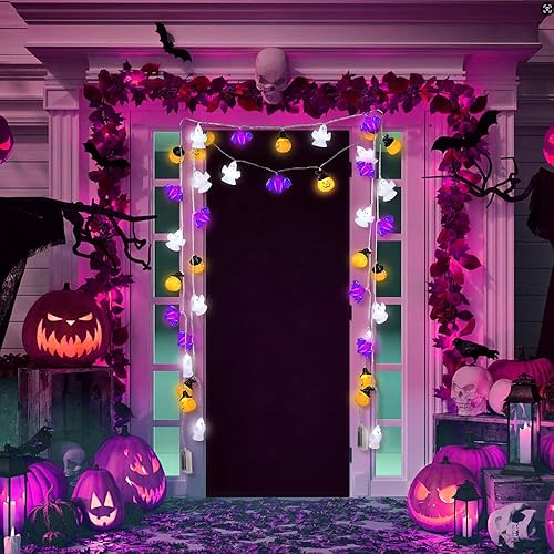 Miniatura 6 de Lecone Guirnalda de luces de Halloween, 13 pies, 20 luces LED grandes 3D fantasma, murciélago, calabaza, luces USB y funciona con pilas, luces de