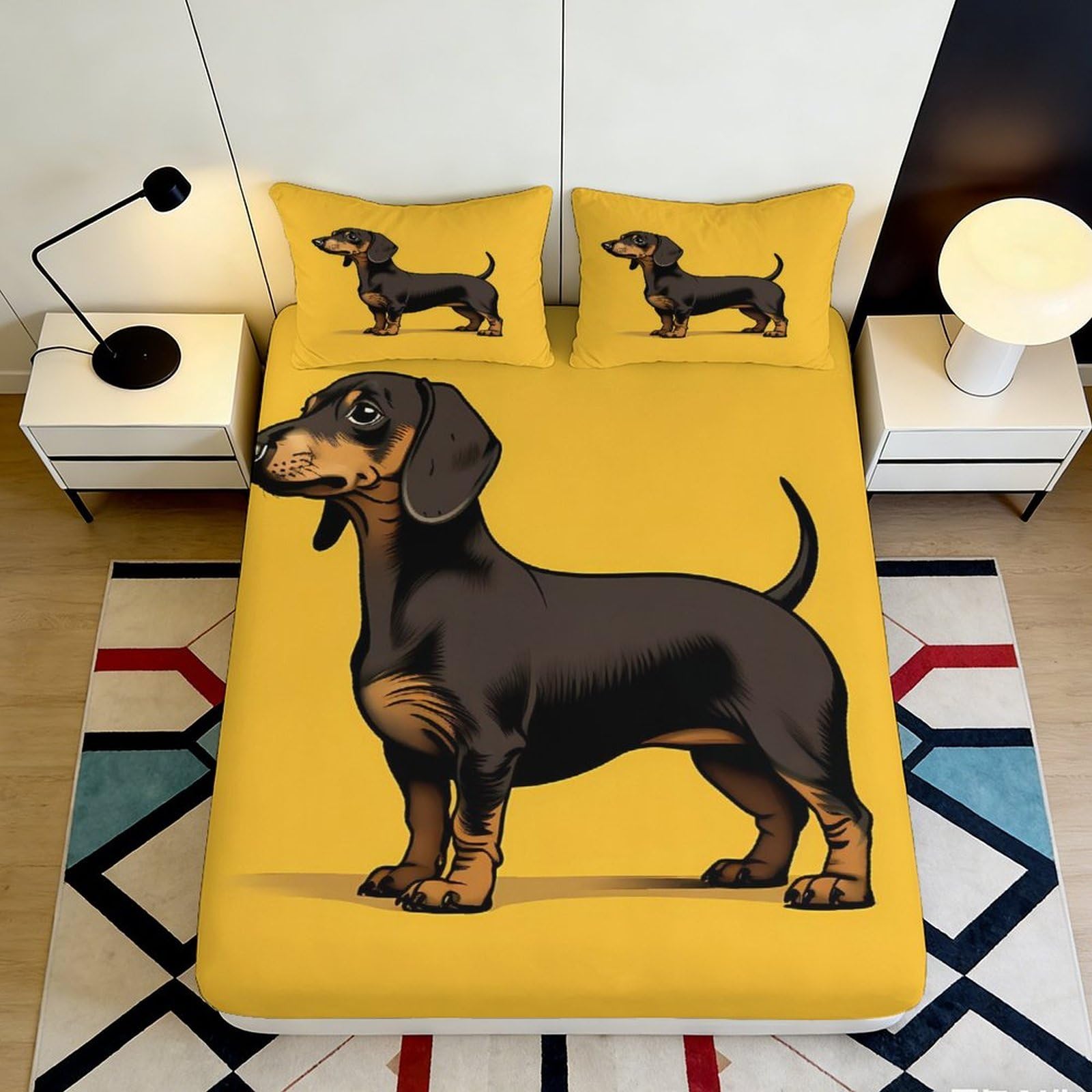 3D Printed Dachshund Fitted Sheet Microfiber Soft Durable Mustard Yellow Bed Cover for Bedroom Dormitory Guest Room Mattress Protection 180x200x25cm