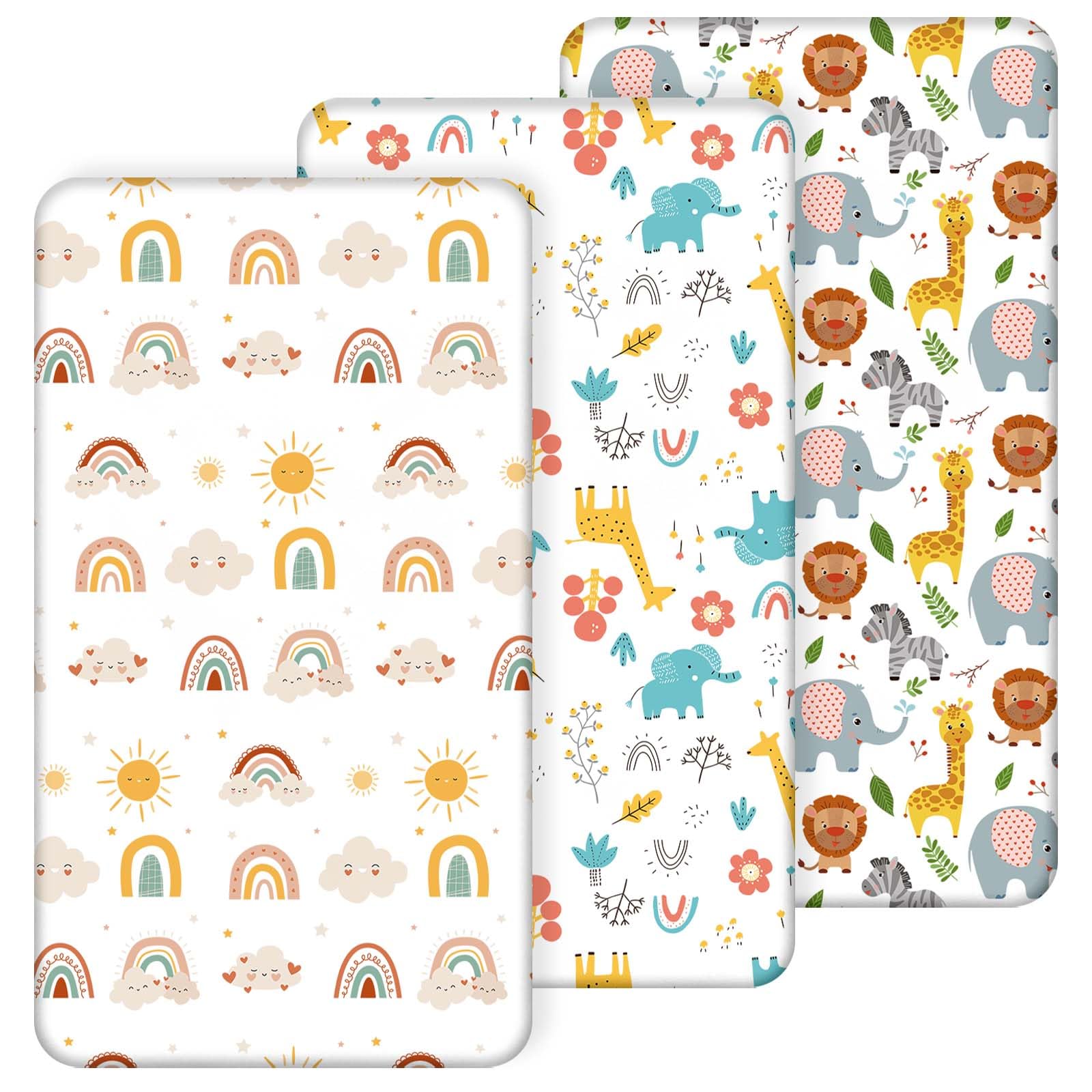 Aolso Lenzuola con Angoli per Passeggino Set, 3 PZ 120 * 60 cm, Lenzuola con Angoli Elasticizzate in Morbida e Setosa, Per Culla Co-sleeping, Lettino, Bimbo e Bimba - Arcobaleno
