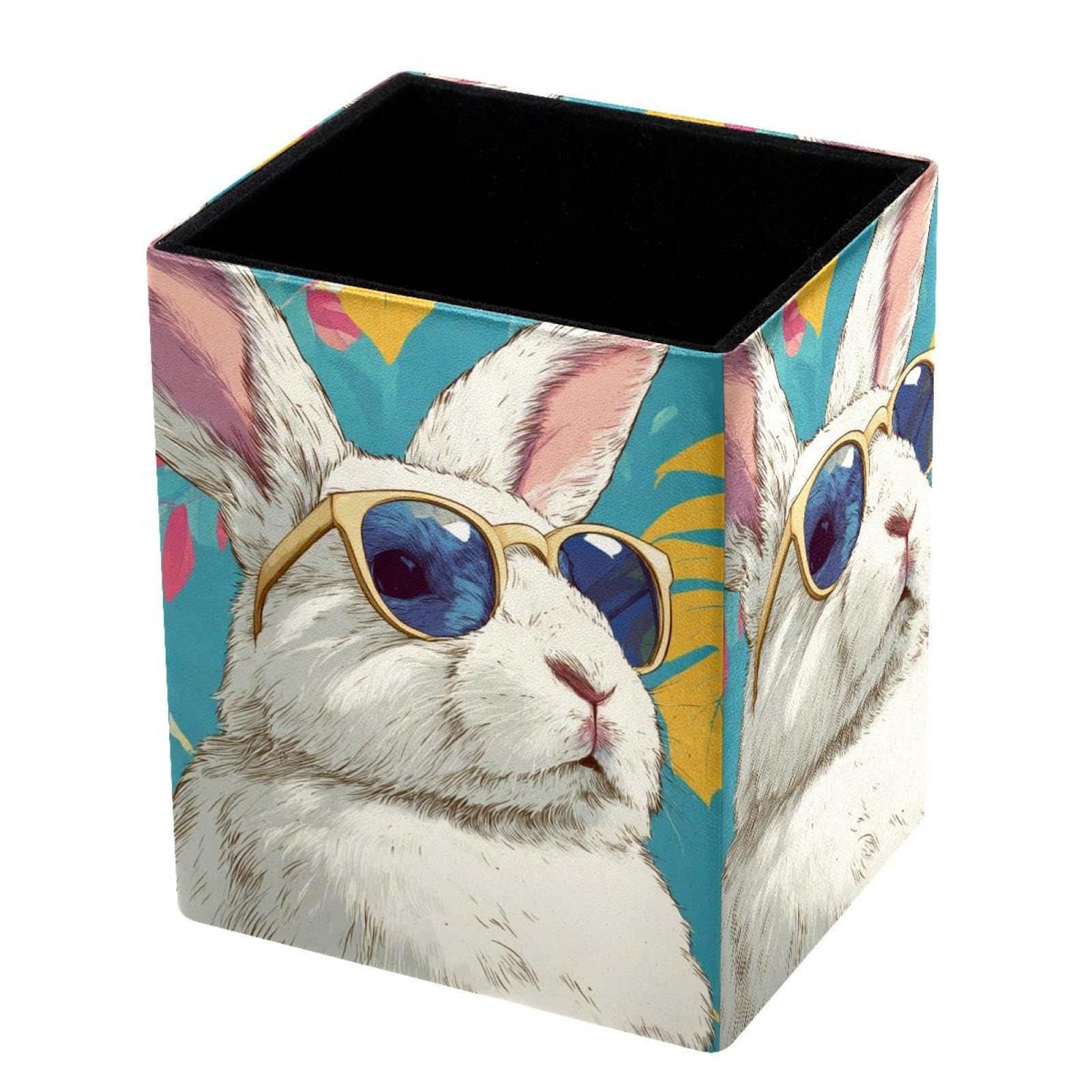VAPOKF Pencil Holders for Desk, Rabbit and Palm Leaves Printed Pen Holders Pen Pot Makeup Brushes Storage Desktop Stationery Supplies Organiser for Home Office