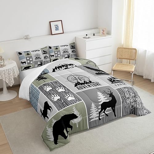 Miniatura 4 de Juego de edredón rústico de cabaña para niños, tamaño individual, juego de ropa de cama de caza de ciervos y oso para decoración de habitación de