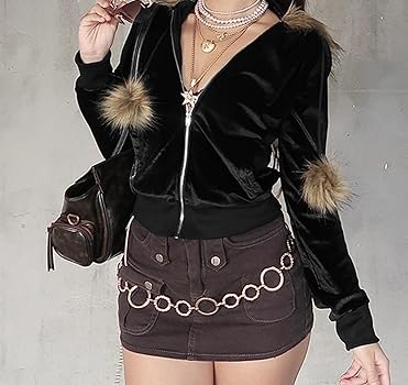 Amazon.com: YISHATIER Fur Collar Jacket Zip Up Graphic Jacket Y2K