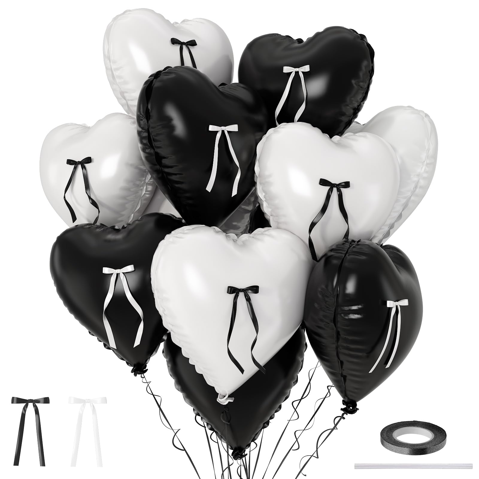 Black White Heart Balloons with Ribbon Bow, 18 Inch Matt Black and White Heart Shape Foil Helium Balloon with Bow Decoration for Birthday Wedding Graduation Engagement Valentines Bachelorette Party โ image 1