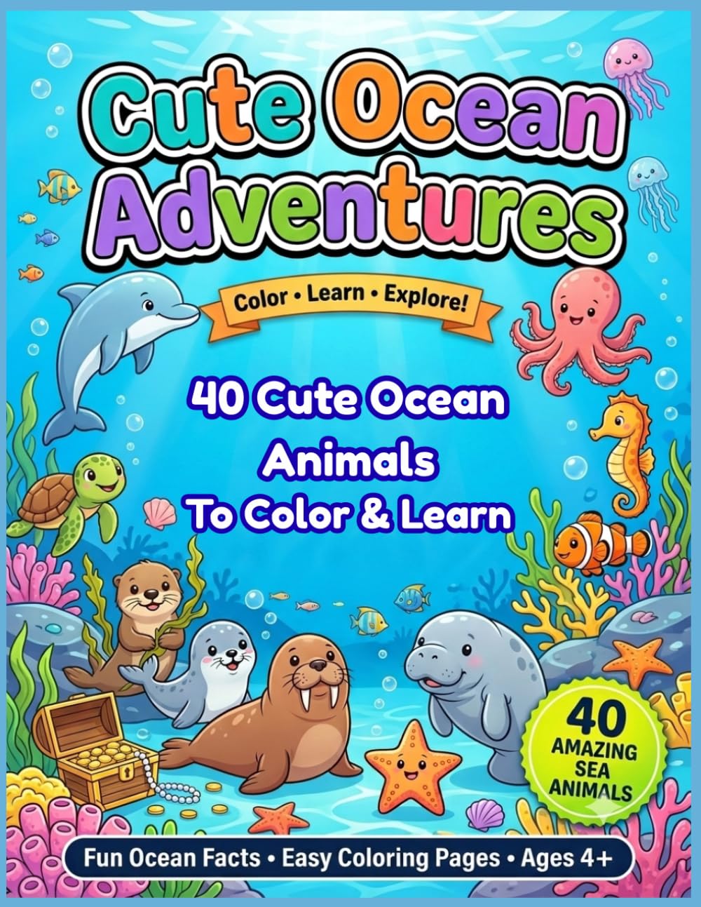 Cute Ocean Adventures: 40 Cute Ocean Animals to Color with Fun Ocean Facts | Easy Coloring Pages for Kids Ages 4+