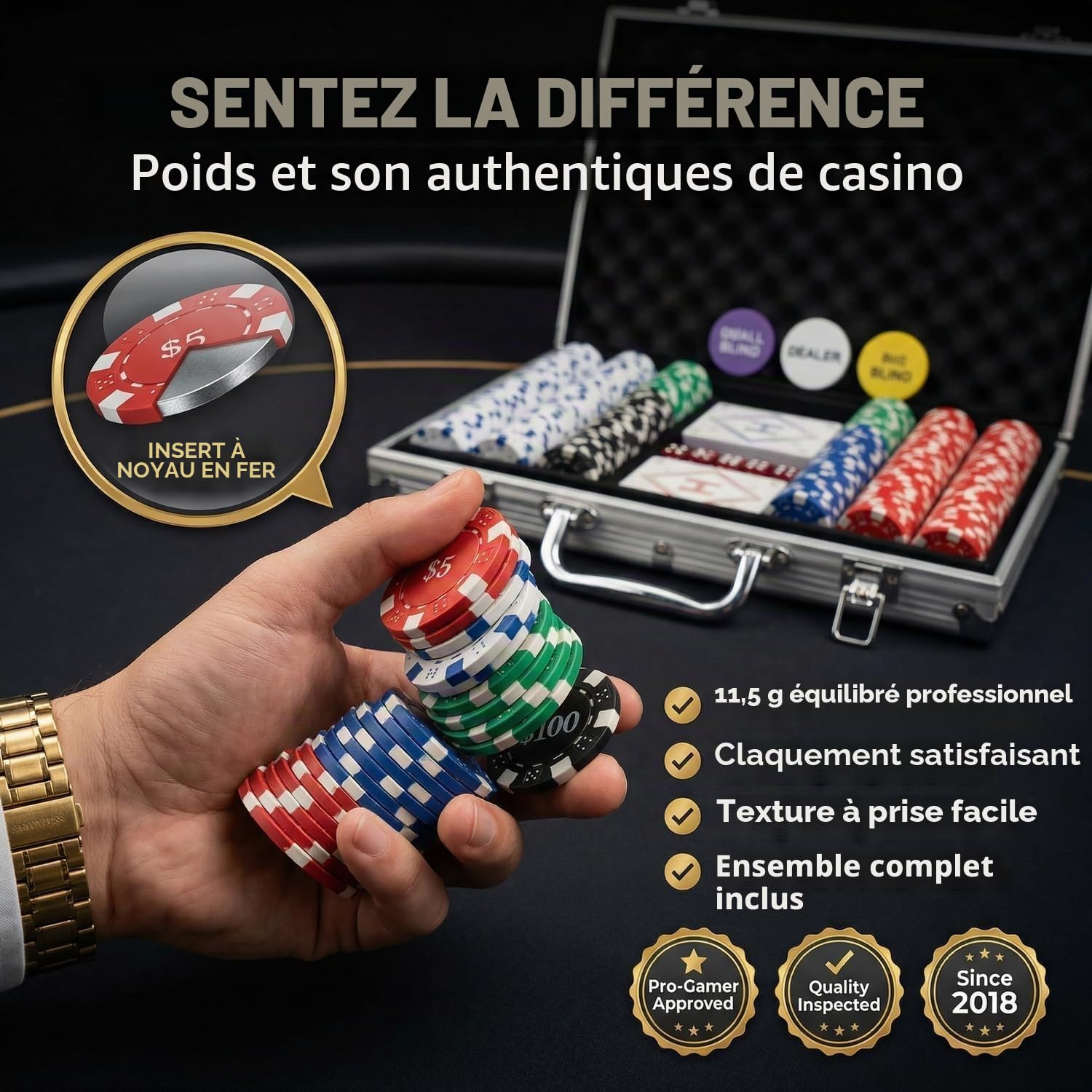 HEITOK Mallette de Poker Professionnelle 300 Jetons Numérotés 11.5g avec Coffret Aluminium Renforcé – Set Complet Texas Hold'em Blackjack Cartes Dés Boutons pour Soirées Adultes
