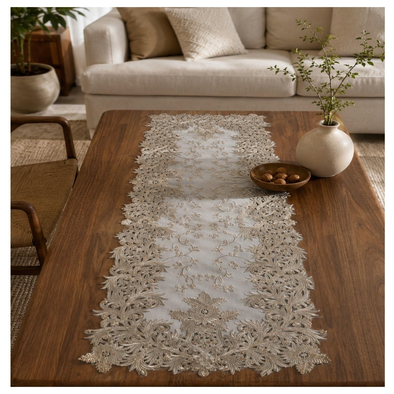 Gold Floral Embroidered Table Runner with Cutwork Border | 13 x 36 Inch Decorative Runner for Dining Table, Centre Table & Home Décor-image-17