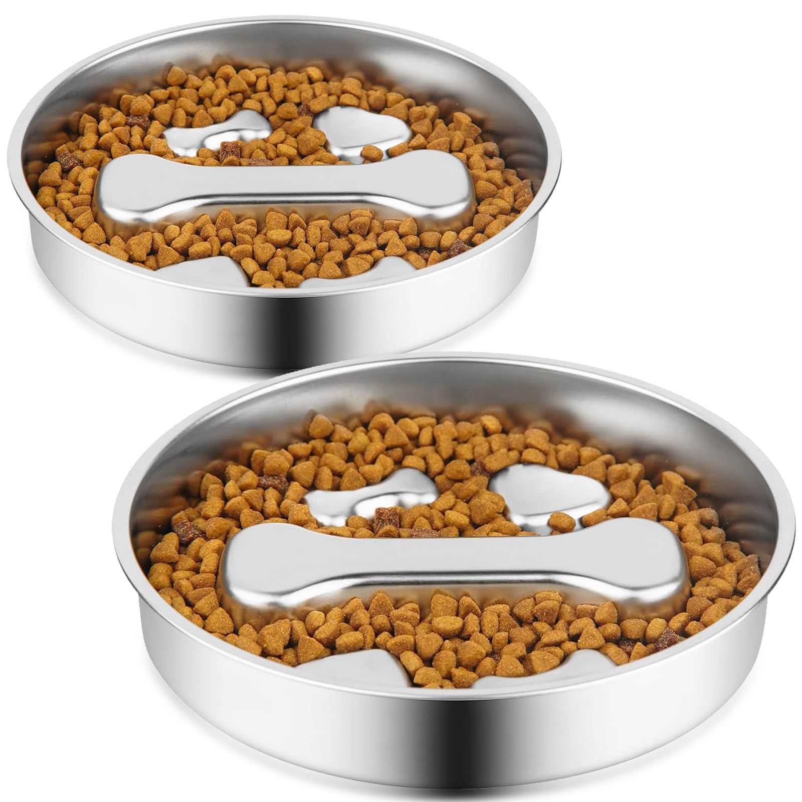 Stainless Steel Slow Feeder Dog Bowls,2 Pcs Slow Food Bowl for Dog & Cat - 2 Cups Capacity,Bone-Shaped Design Pet Food Holder,Metal Non-Slip Lick Plate,Puzzle Maze Dish for Small & Medium Sized Breeds