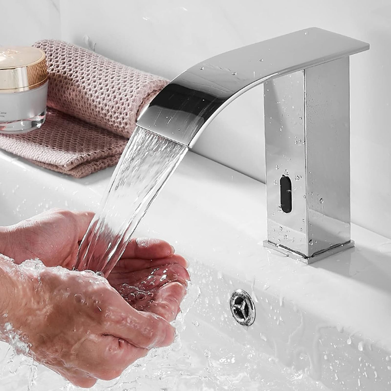 Basin Taps, Automatic Sensor Waste Bathroom Sink Mixer Taps, Touchless Bathroom Sink Faucet, Hands Free Vanity Commercial Faucets with Control Box