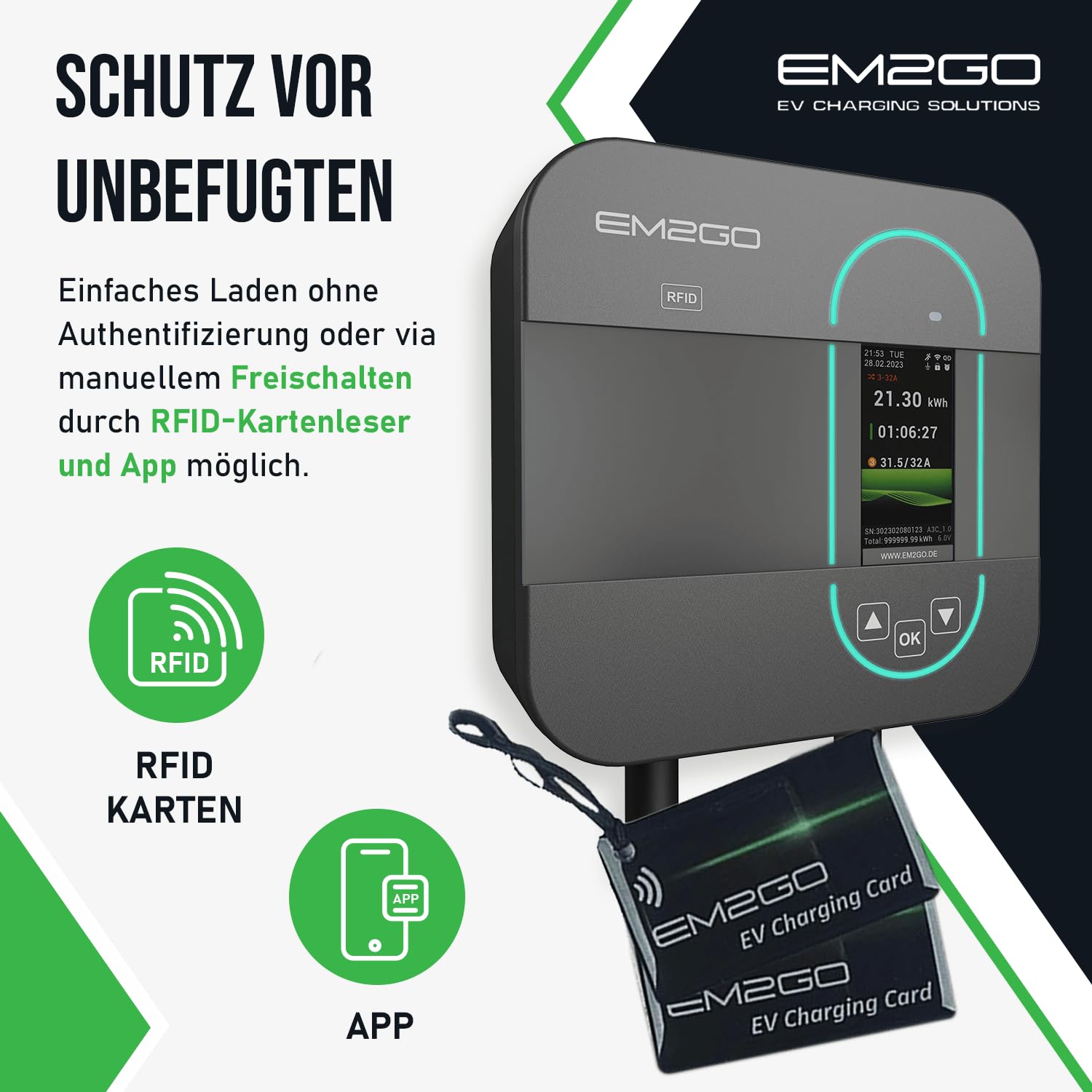 EM2GO Wallbox 11kW Home Power, E-Auto Ladestation mit 16A CEE Adapter, 6.5m E-Auto Ladekabel Wallbox mit App, Typ 2 Stecker Ladekabel Halterung