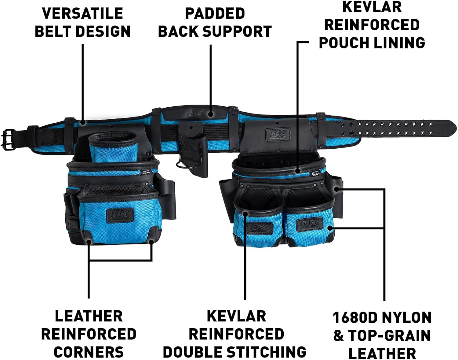 OX Tools Kevlar Reinforced Leather & Nylon Tool Belt Rig,Memory Foam Padding,Adjustable Belt,Construction,Carpentry & Electrical,Durable & Comfortable for Pros
