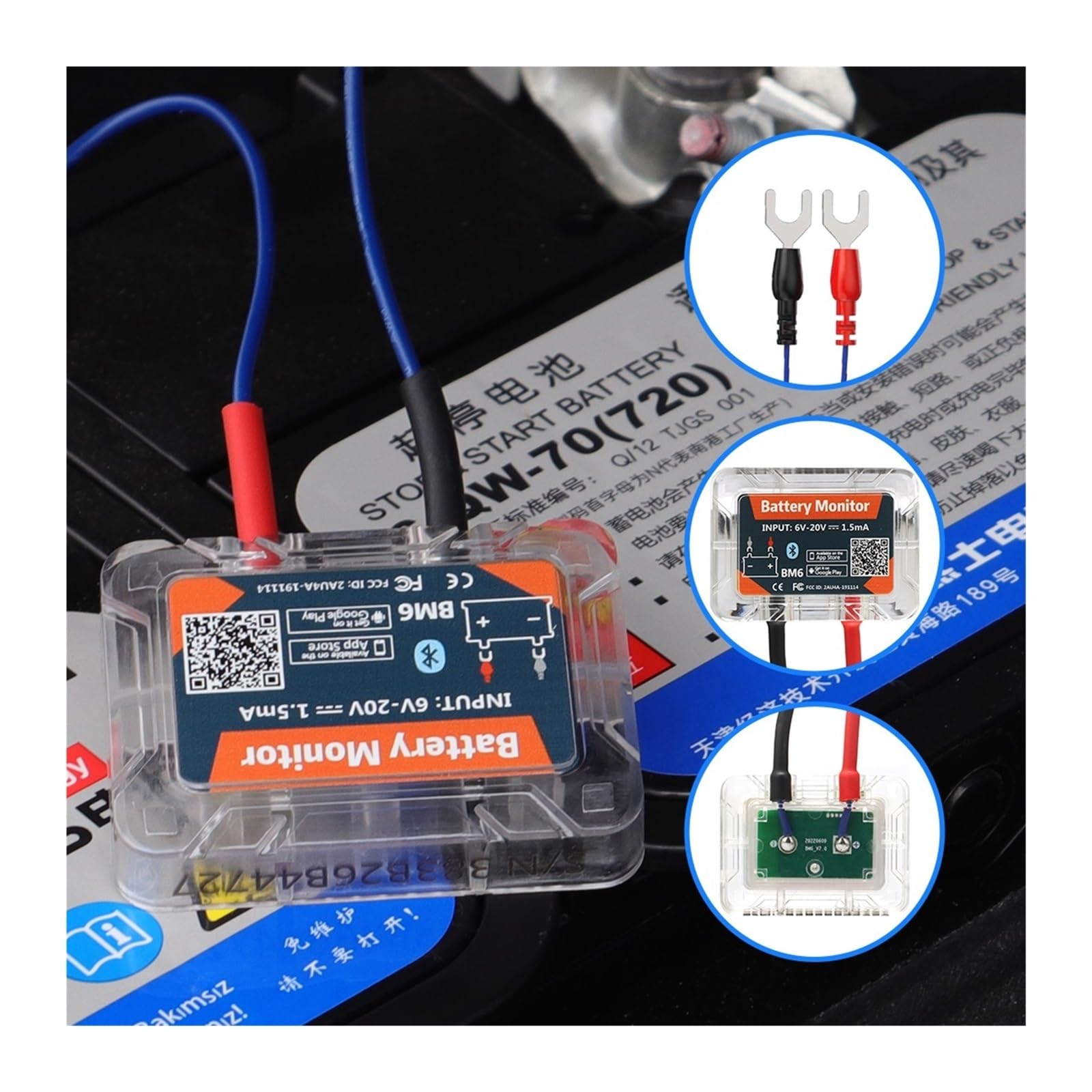 Tester per batterie, BM6 Bluetooth 4.0 Monitor for batteria auto 12V Tester for batteria Ricarica e avviamento Test Analizzatore batteria APP