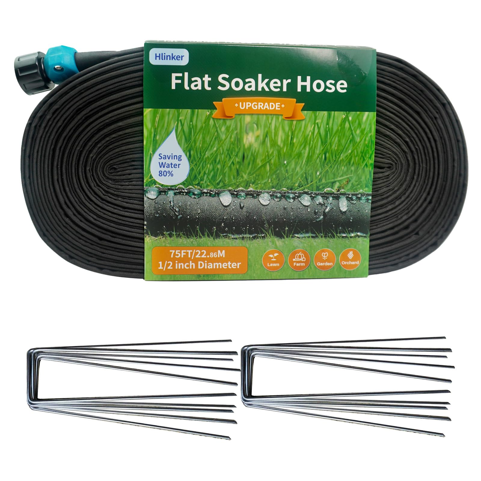 Hlinker 2025 Flat Soaker Hose 75 ft with Stake for Garden, Linkable Drip Hose Diy Automates Garden Irrigation System Saving 84% Water, Dual-layer