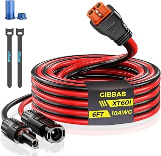 6FT 10AWG Solar to XT60i, Gibbab 3 6 10 16 20 25FT Solar Panel Connector to XT60i-F Adapter Extension Charging Cable with Caps & Wire Ties for LiFePO4 Battery RV Portable Power Station Generator