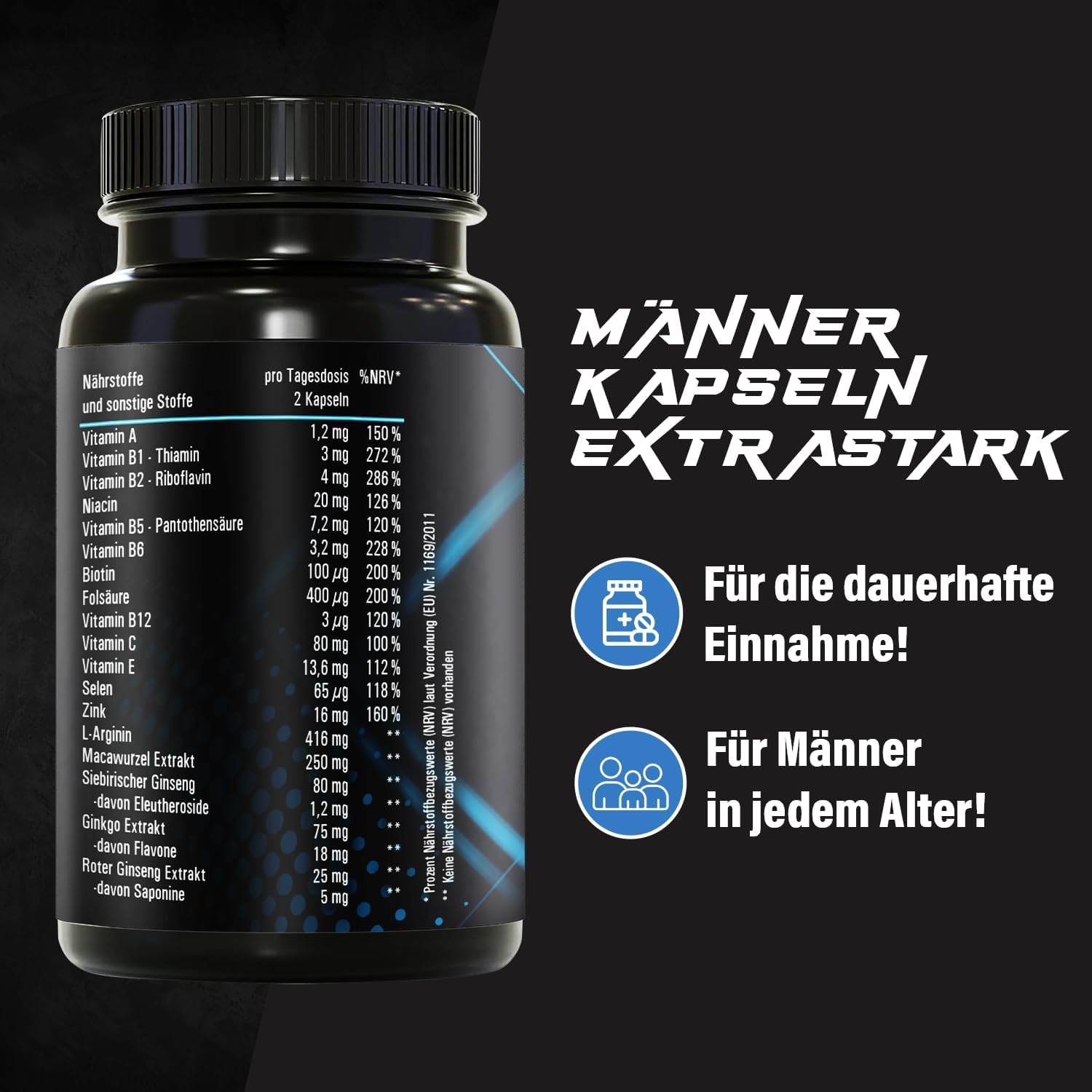 MEN INTENSE - Männer Kapseln extrastark - DAUERHAFT Rezeptur hochdosiert - mit L-Arginin, Maca, Vitaminen, Ginseng, Ginkgo, 60 Kapseln