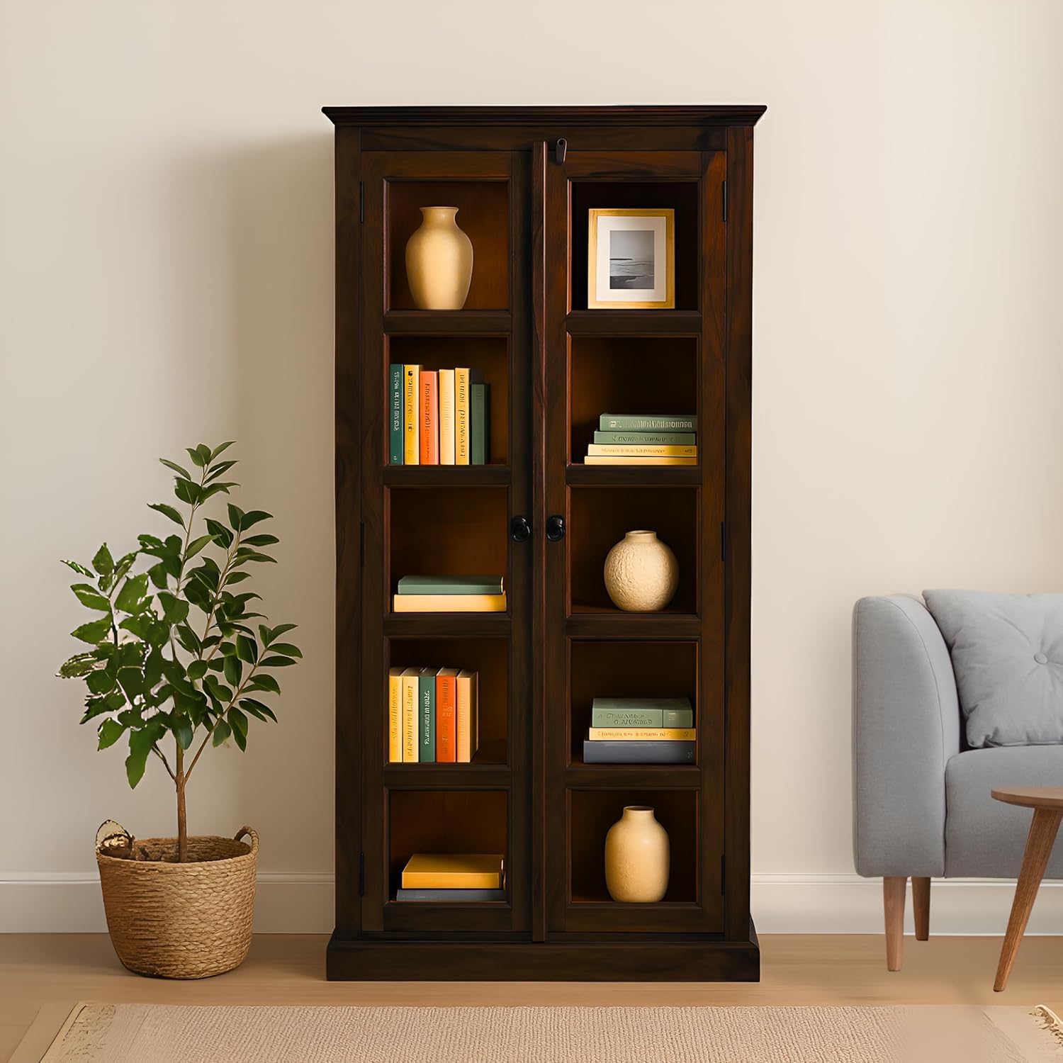 Homyie Woods Sheesham Wood Display Cabinet with Glass Doors, 5 Spacious Shelves, Black Metallic Knobs, Multiple Polish Options (Walnut Finish)-image-8