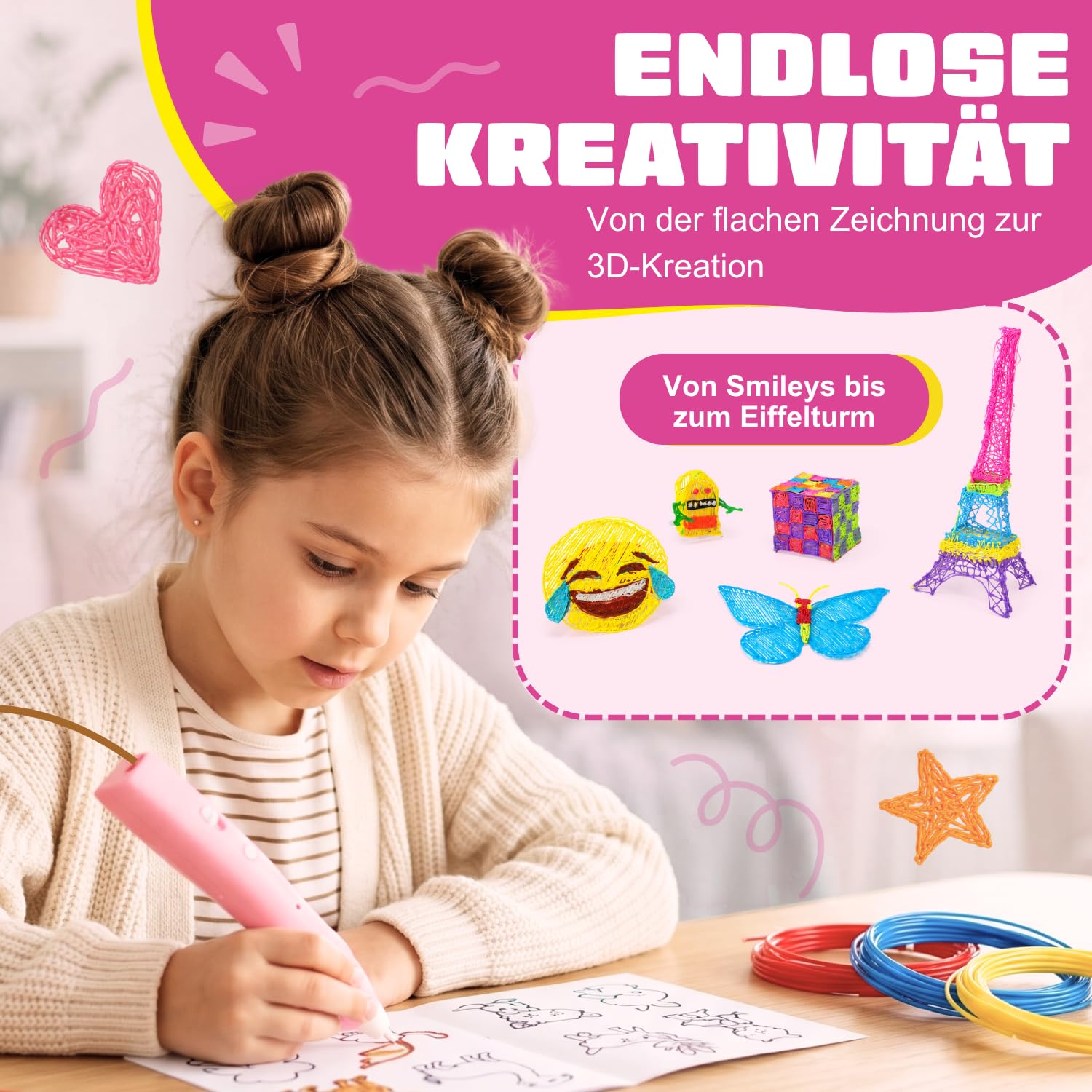 3D Stifte für Kinder ab 6 Jahre – Drahtloser 3D Stift mit 60m PCL Filament, USB-C, Niedrige Temperatur, Vorlagen & XL Koffer – 3D Pen Starterset für Mädchen und Jungen (Rosa)
