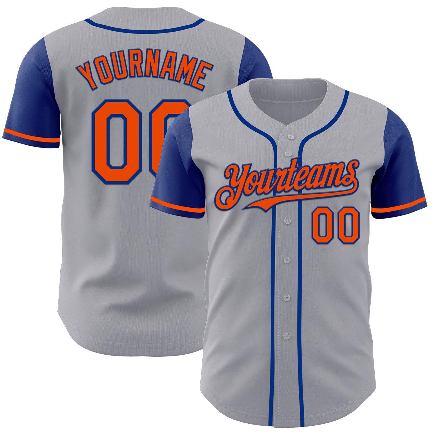 Custom Gray Royal Blue Baseball Jersey Full-Button 2-Tone Design Baseball Shirts Team Uniform for Men Women Youth Boy, Personalized Short Sleeve Sports Softball Cricket T-Shirts Stitched Orange Text