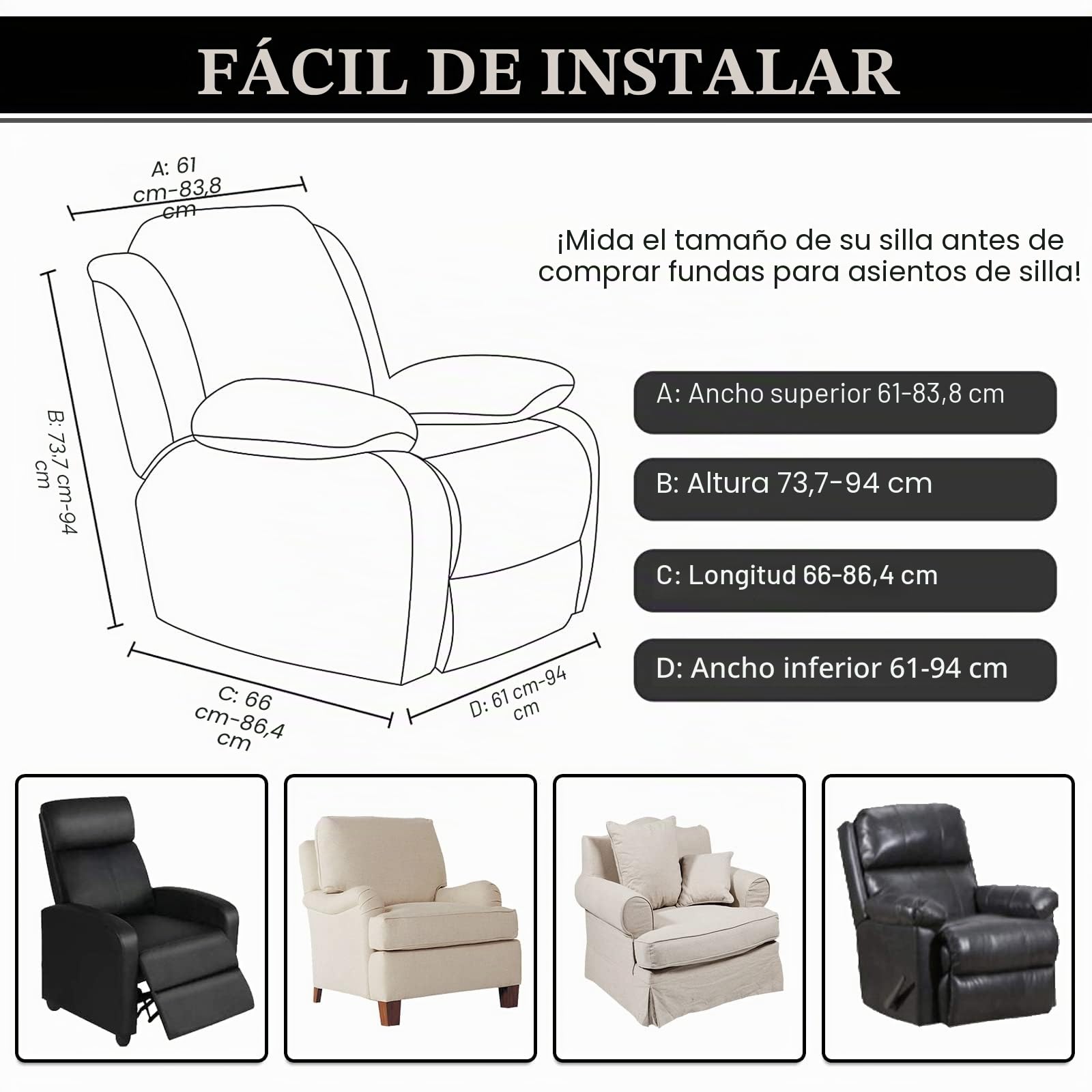 Lydevo Funda Expandible para Silla Reclinable - Protección Antideslizante Lavable con Bolsillos Laterales - Juego de 4, Negro