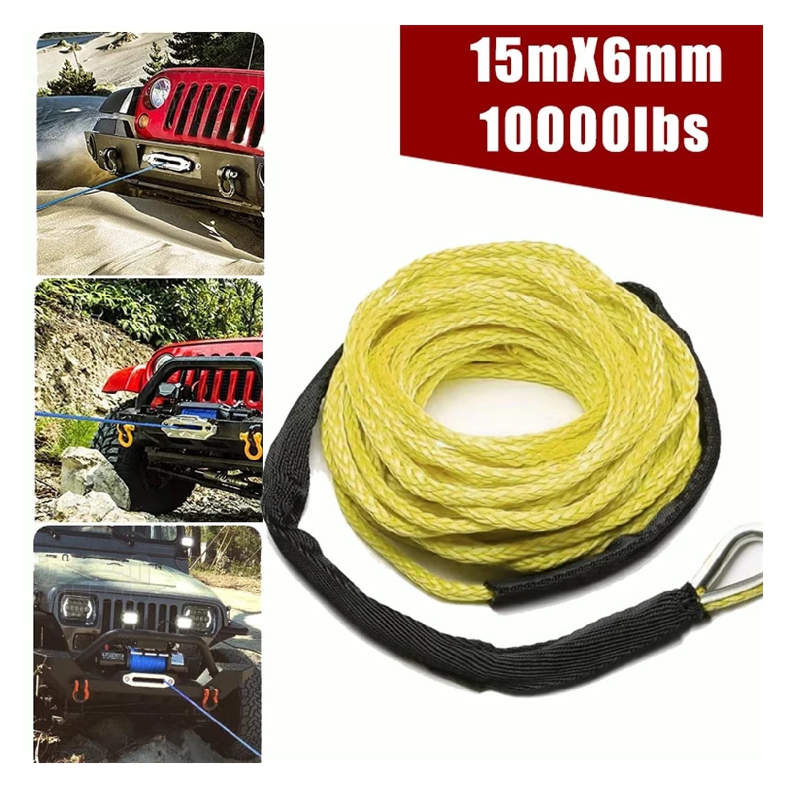 Pas holowniczy 15 m x 6 mm, syntetyczny kabel do wyciągarki samochodowej o udźwigu 10000 funtów, SUV, zamienny, holowniczy Ultramocny