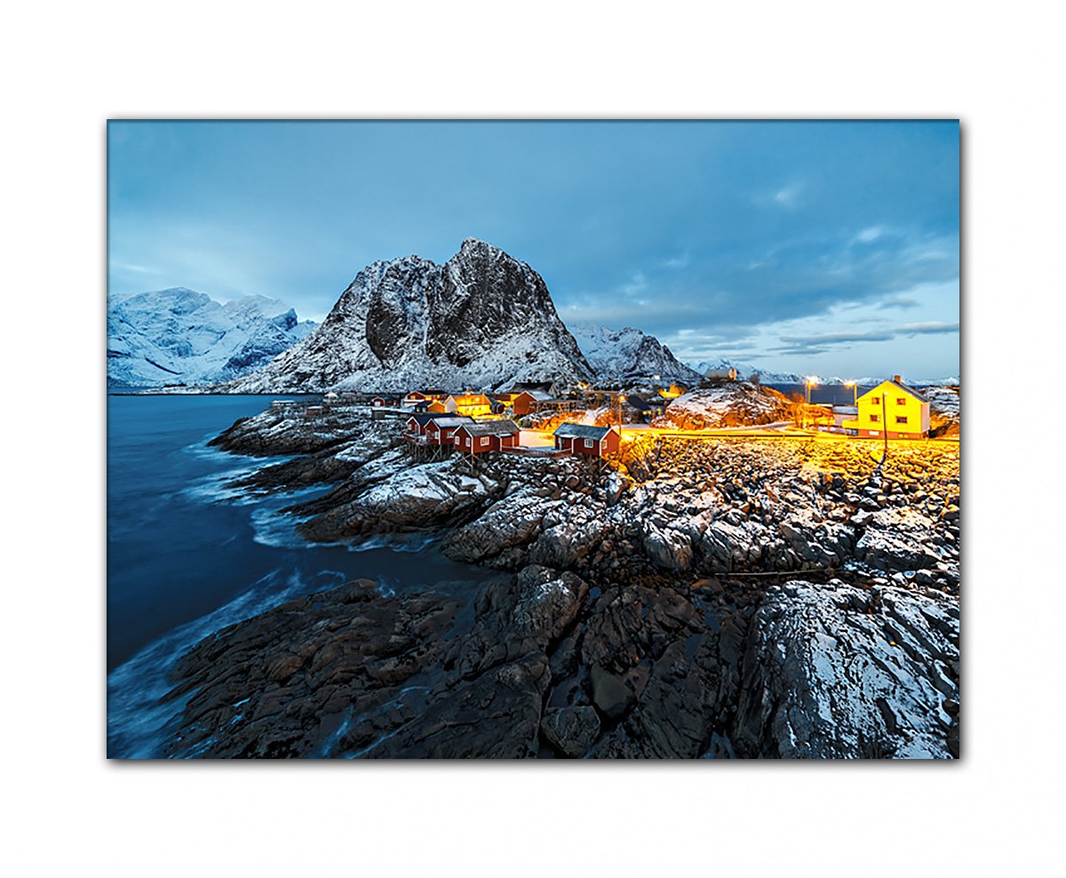 Your picture BILDER24 Illuminated Fishing Village Coast Norway 60 x 80 cm on Canvas and Stretcher Frame XXL. Top Quality Made in Germany.
