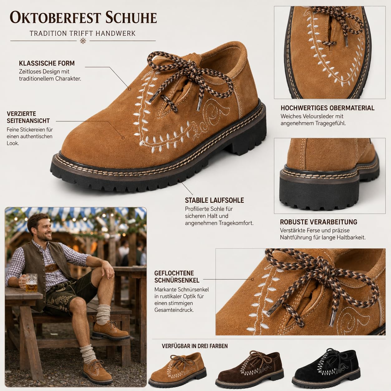 Trachtenschuhe Herren 2026 Stickerei Flock Leder Haferlschuhe Passform Traditionelles Design für Volksfest Trachten Festlichkeiten Bequem Lederschuhe Ledersohle Schnürschuhe Tanzschuhe