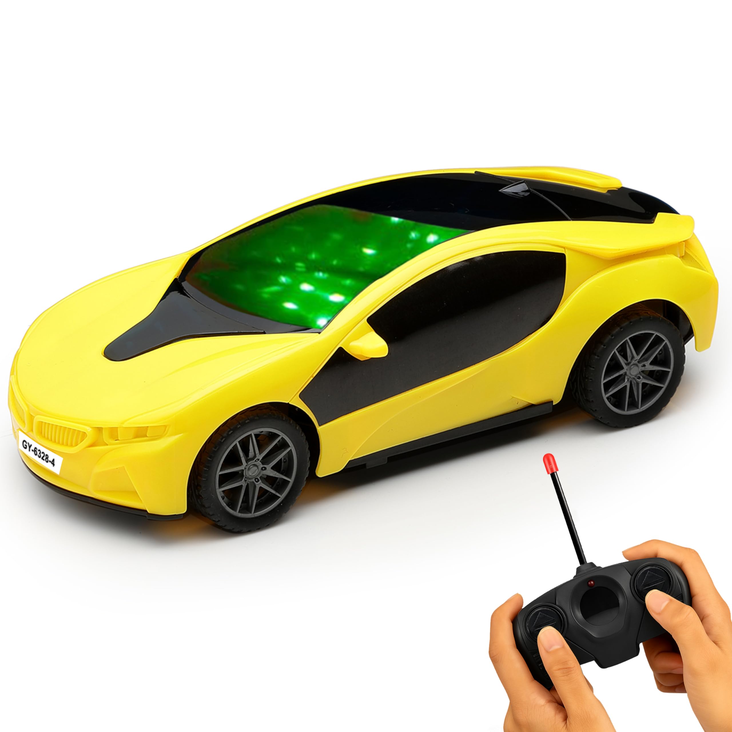 Gooyo 6328-4 Battery Operated 3D Famous 4 Functions Remote Control Racing Car Toy for Kids | Yellow Color, Power Source: 3xAA Battery in Car & 2xAA Battery in Remote Controller (Not Included)-image-16
