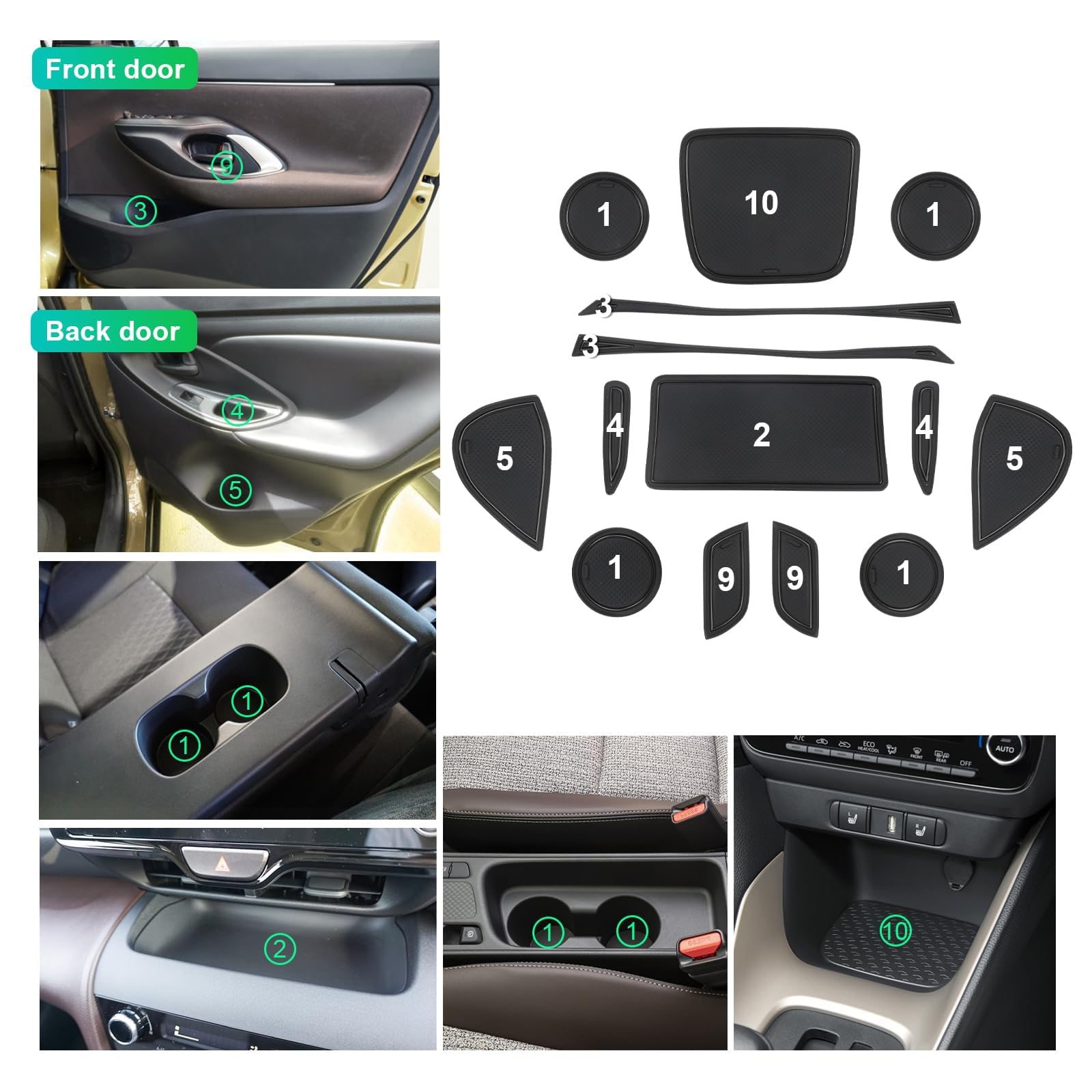 GAFAT Compatibile con Toyota Yaris Cross 2025 2026-2021 Tappetini Antiscivolo, Accessori Yaris Cross Hybrid XP210 Tappetino in Gomma per Console Centrale, Cuciture Porte (Nero 1)