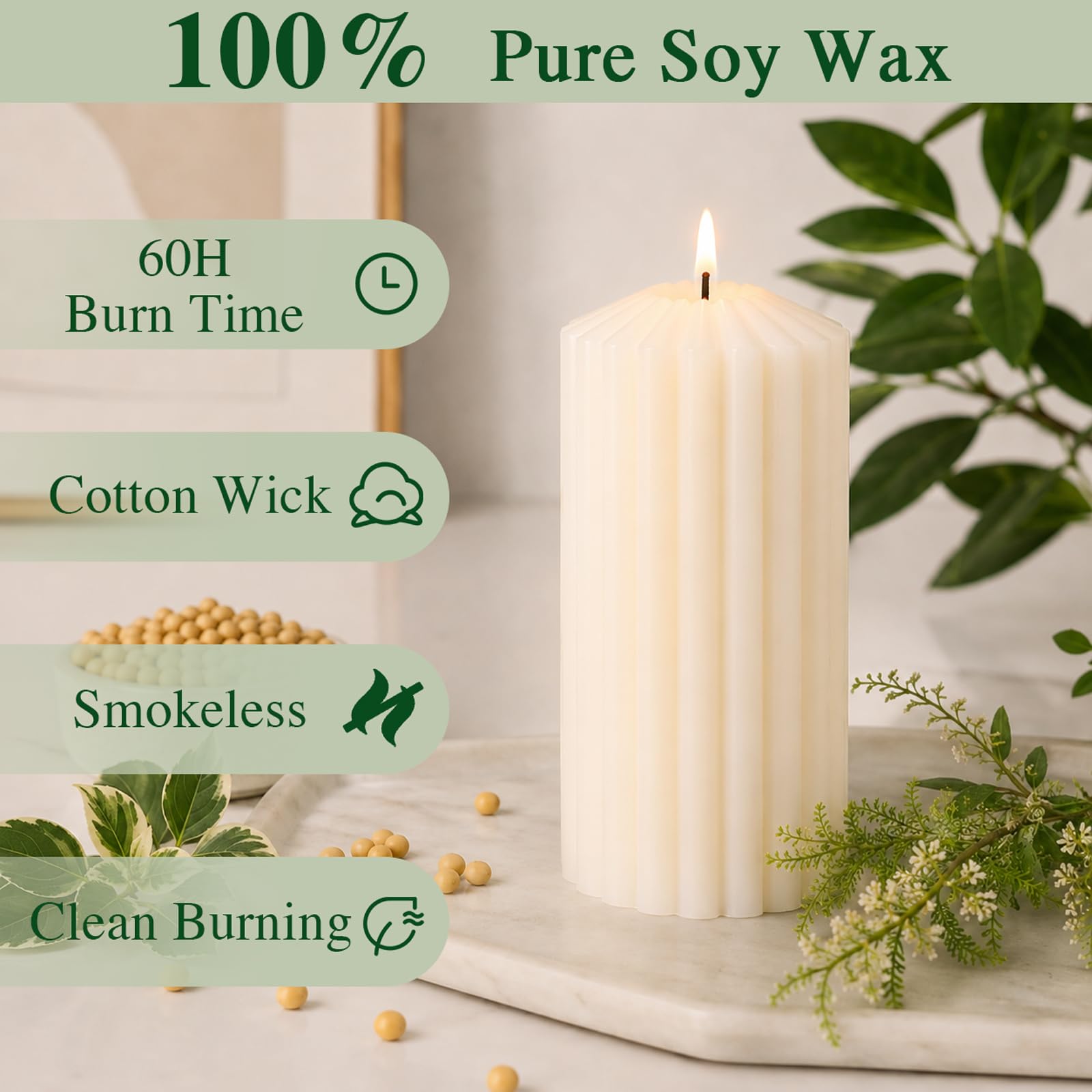 6 velas de cera de soja, cada una de 60 horas de combustión, velas acanaladas de cera de soja 100% pura natural, velas de pilar no tóxicas de larga combustión para el hogar, boda, iglesia