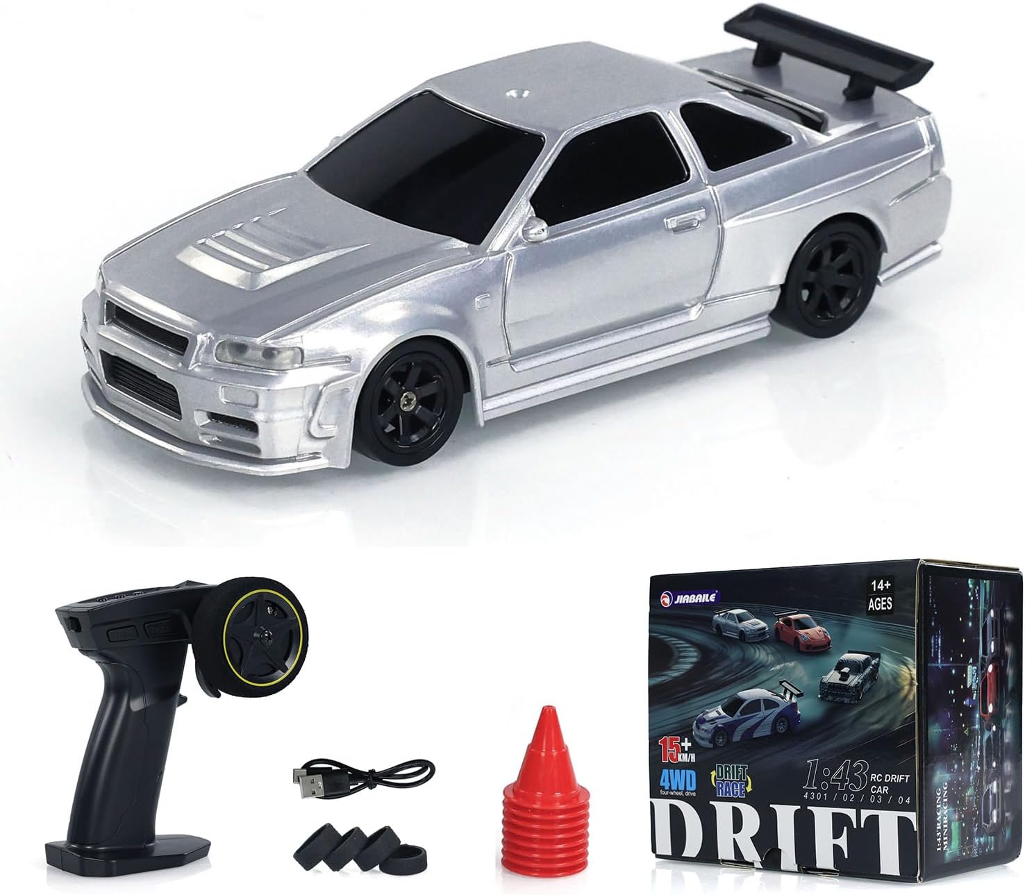 1:43 4WD Ready to Run Drift Race Vehicle Remote Control Tyres Traffic Cones for Hobby 4WD Racing RC Full Proportional 2.4g Mini Race Car Toy Gift Radio Control High Speed Car Without Gyro