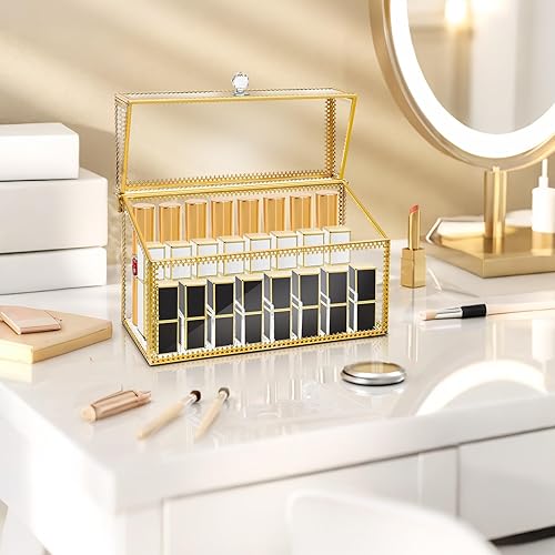 Miniatura 5 de Pumtus Soporte organizador de lápiz labial de 24 ranuras, vitrina de brillo de labios de vidrio templado a prueba de polvo, caja de perfume