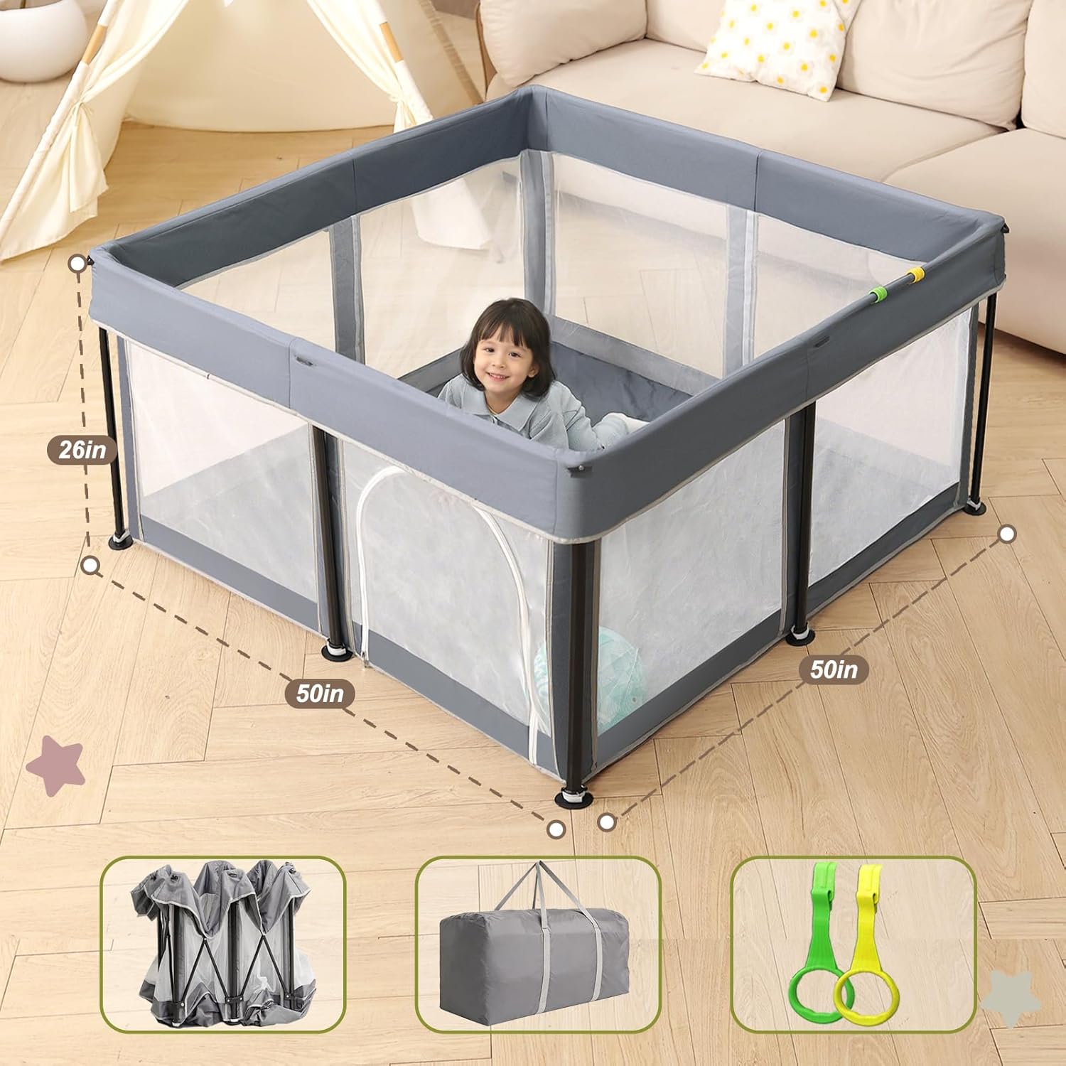 Foldable Baby Playpen, 50" x 50" Safety Play Yard for Babies & Toddlers, Baby Fence, Soft Oxford Fabric & Breathable Mesh for Indoor Outdoor Activity Center, Portable Playpen Ideal for Apartments